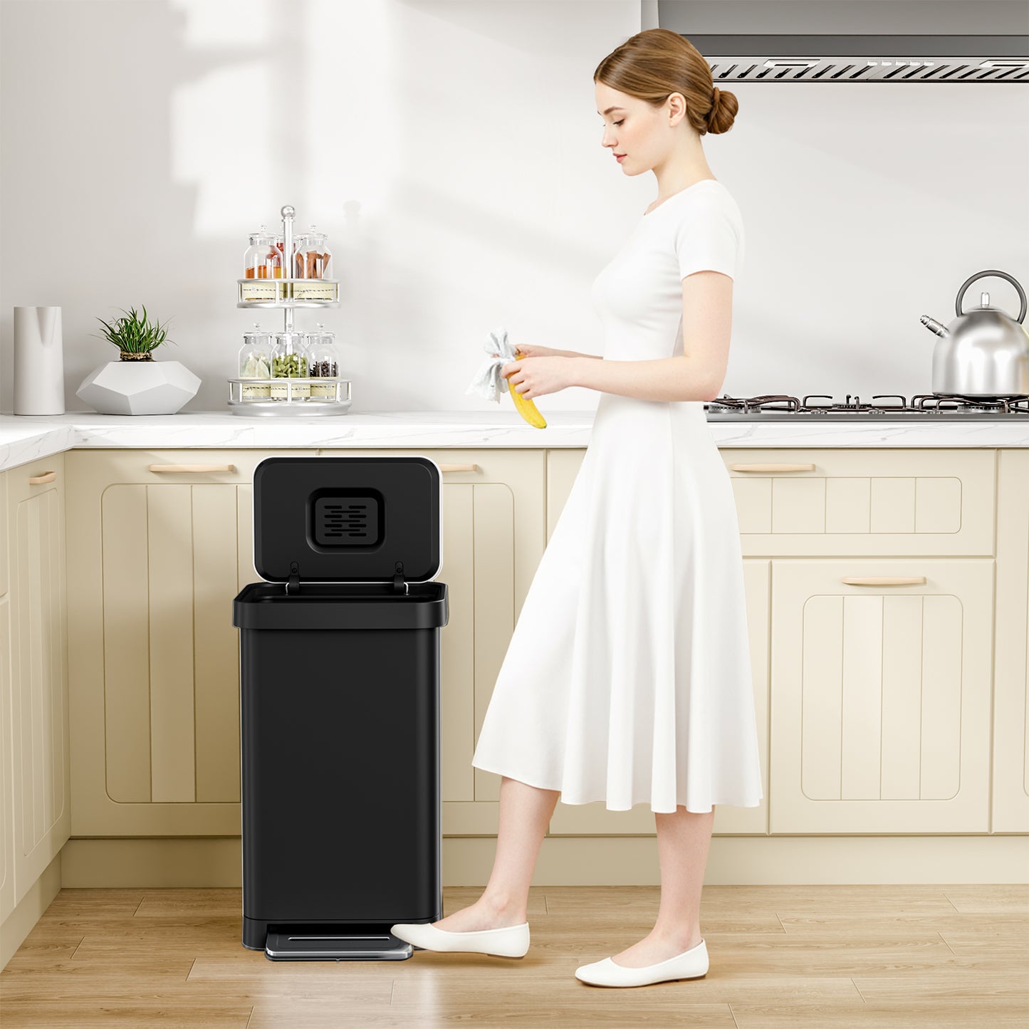 Pirecart 13.2 Gal Stainless Steel Trash Can, Soft-Close Lid Grabage Can with 15 Inner Bags, Rear Trash Bag Storage Compartment, Large Capacity Step Trash Can With Built-In Deodorizer Box