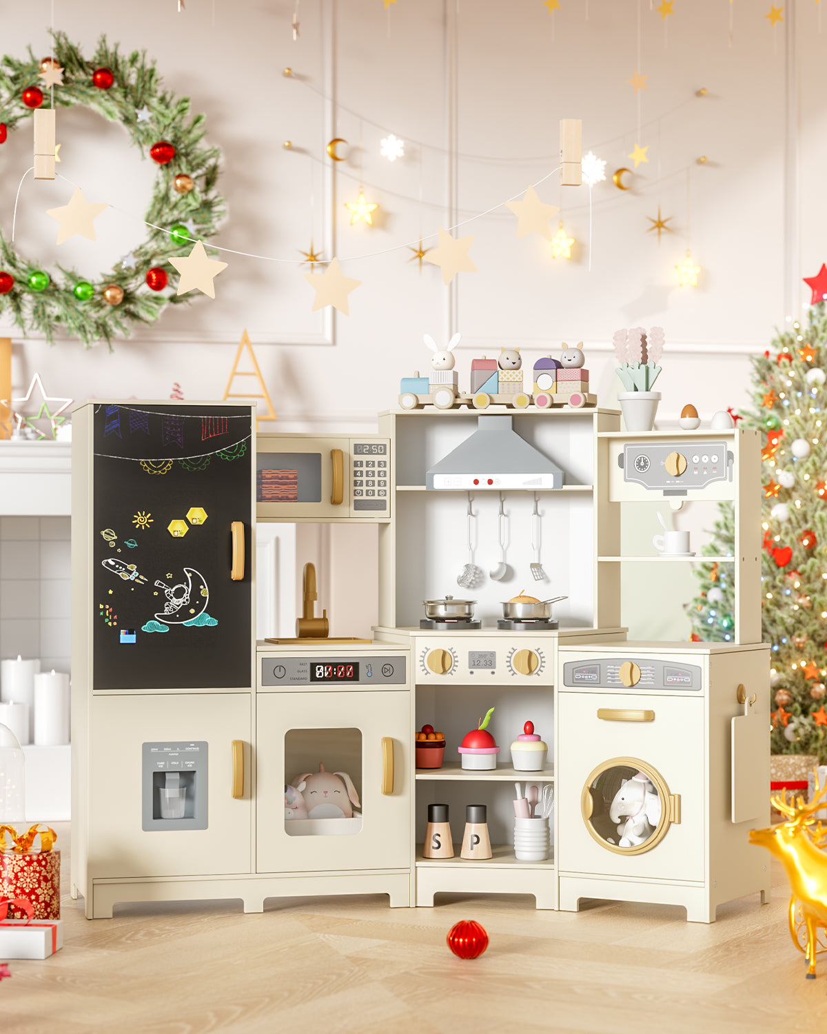 Pirecart Wooden Corner Play Kitchen, Kids Play Kitchen with Blackboard and 6Pcs Cooking Accessories, Toddler Play Kitchen Set with Realistic Sound & Light