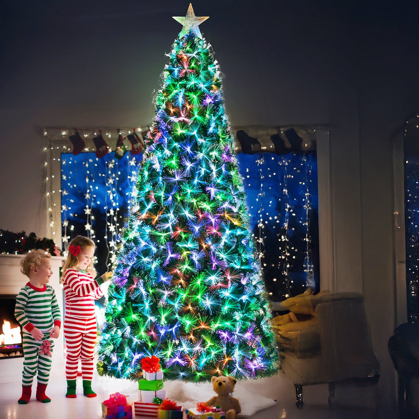 pirecart 6/8/9/10 ft Pre-Lit Fiber Optic Artificial Pine Christmas Tree Artificial Xmas Tree for Indoor Holiday Home Decoration