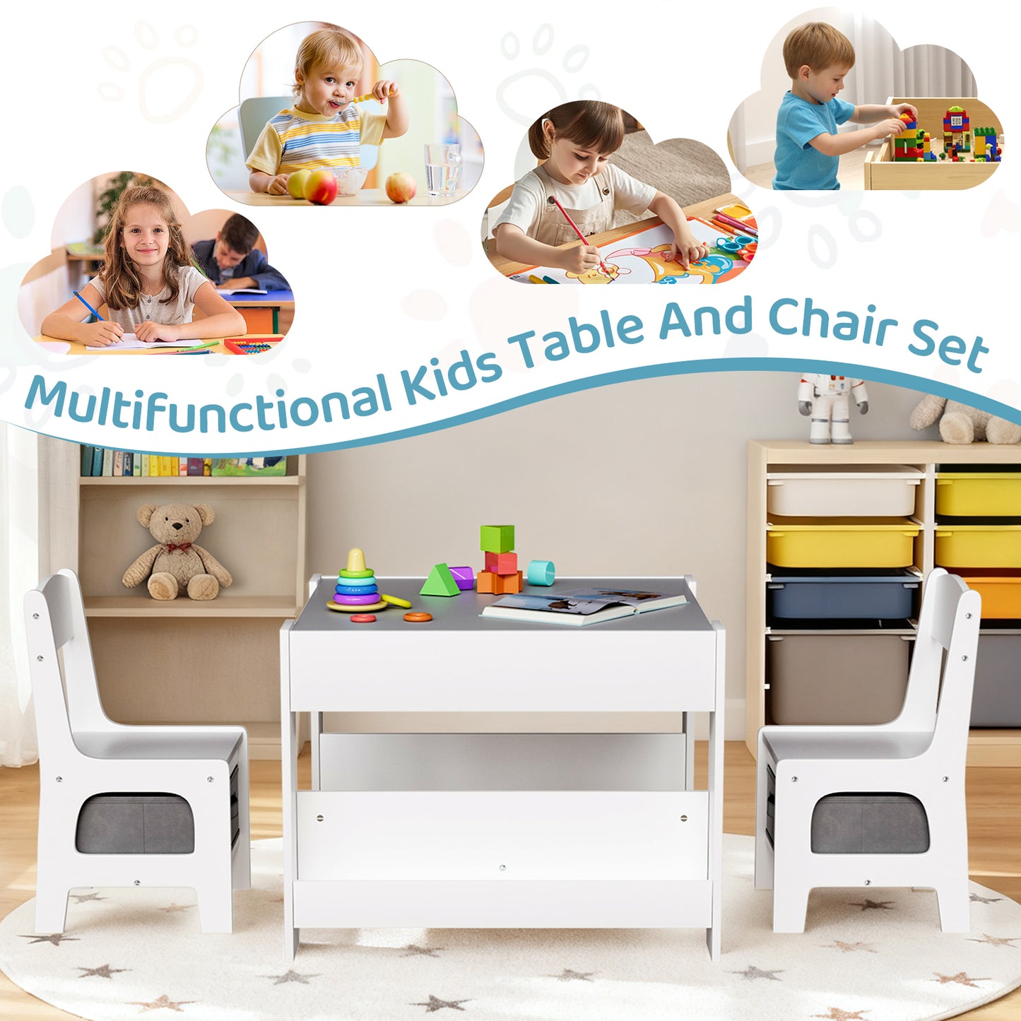 Pirecart Kids Table and Chair Set, 4 in 1 Wooden Art Table with Reversible Tabletop, Blackboard, Storage Drawer, Kids Activity Table Set for Drawing, Playing, Learning