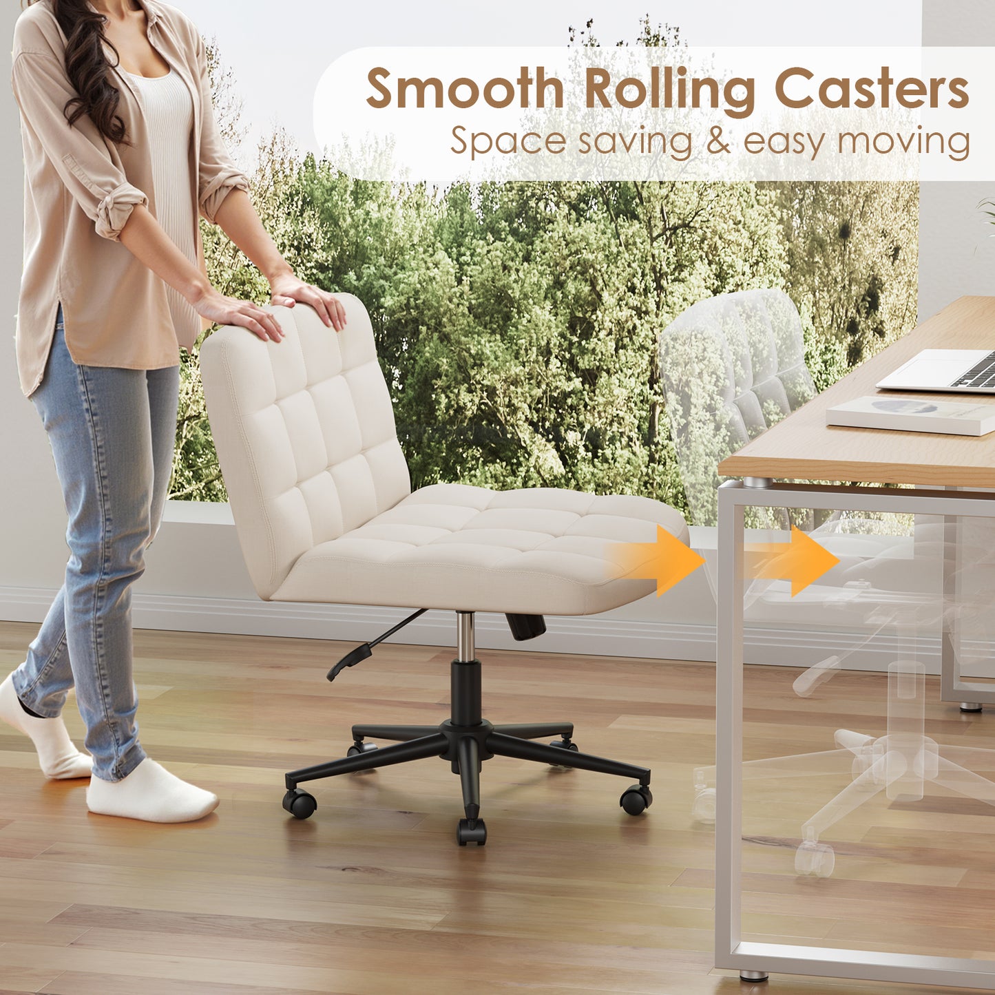 Pirecart Criss Cross Legged Chair, Comfy Swivel Armless Chair with Wheels and Wide Cushion, Height Adjustable Vanity Chair for Bedroom, Office, Desk, Linen