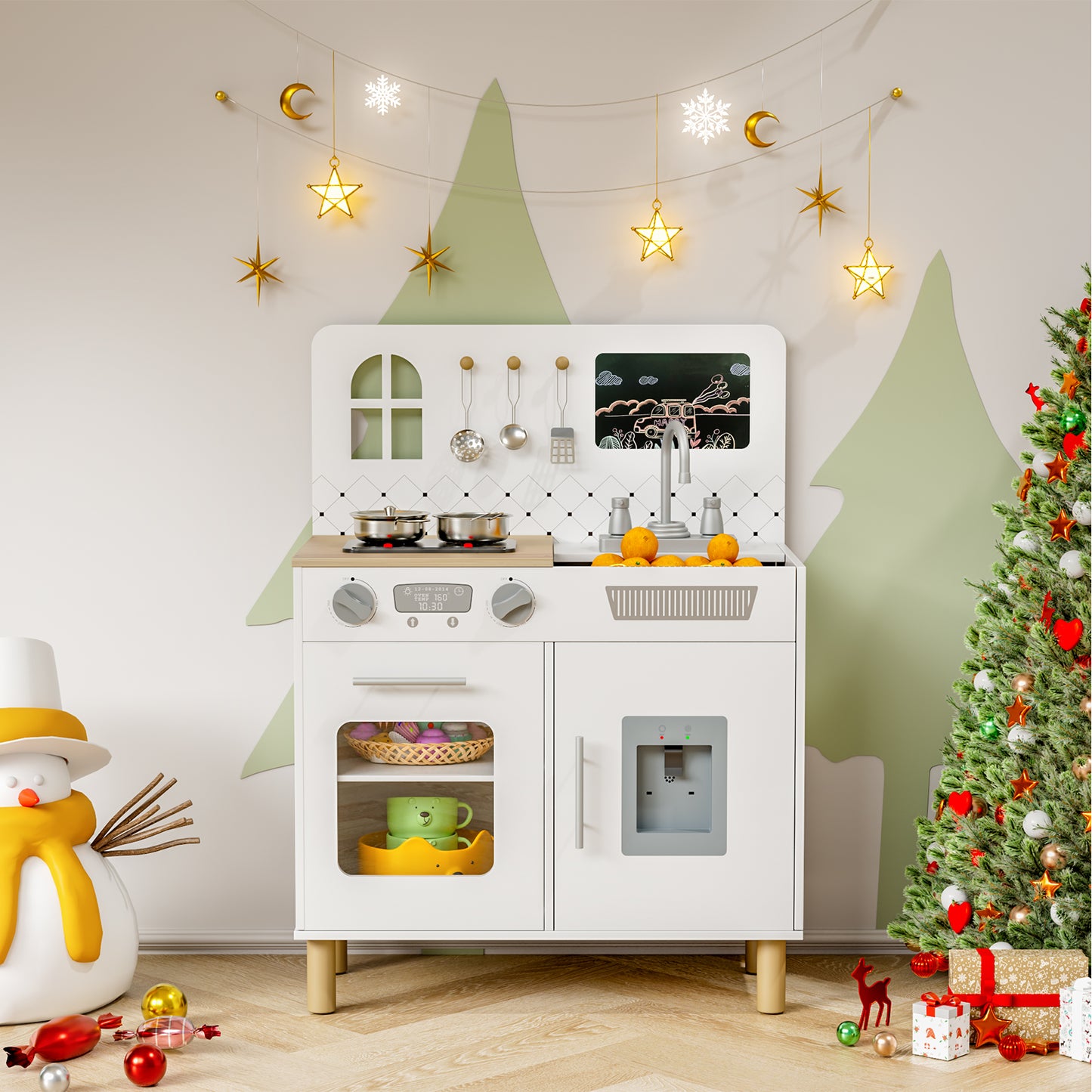 Pirecart Kids Play Kitchen Set, Wooden Kitchen Playset with Real Lights & Sounds, Toddler Pretend Play Kitchen Set with Knob Sounds, Sink, Water Dispenser, 6 Pcs Cookware & Chalkboard Panel