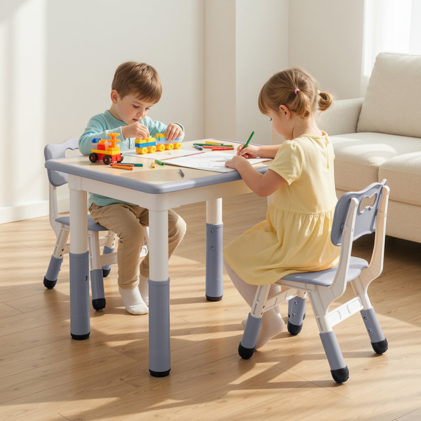 Pirecart Kids Table and 2 Chairs Set, Height Adjustable Children Multi Activity Table and Chair Set, Non-Slip Legs & Graffiti Desktop, for Drawing, Reading, Studying