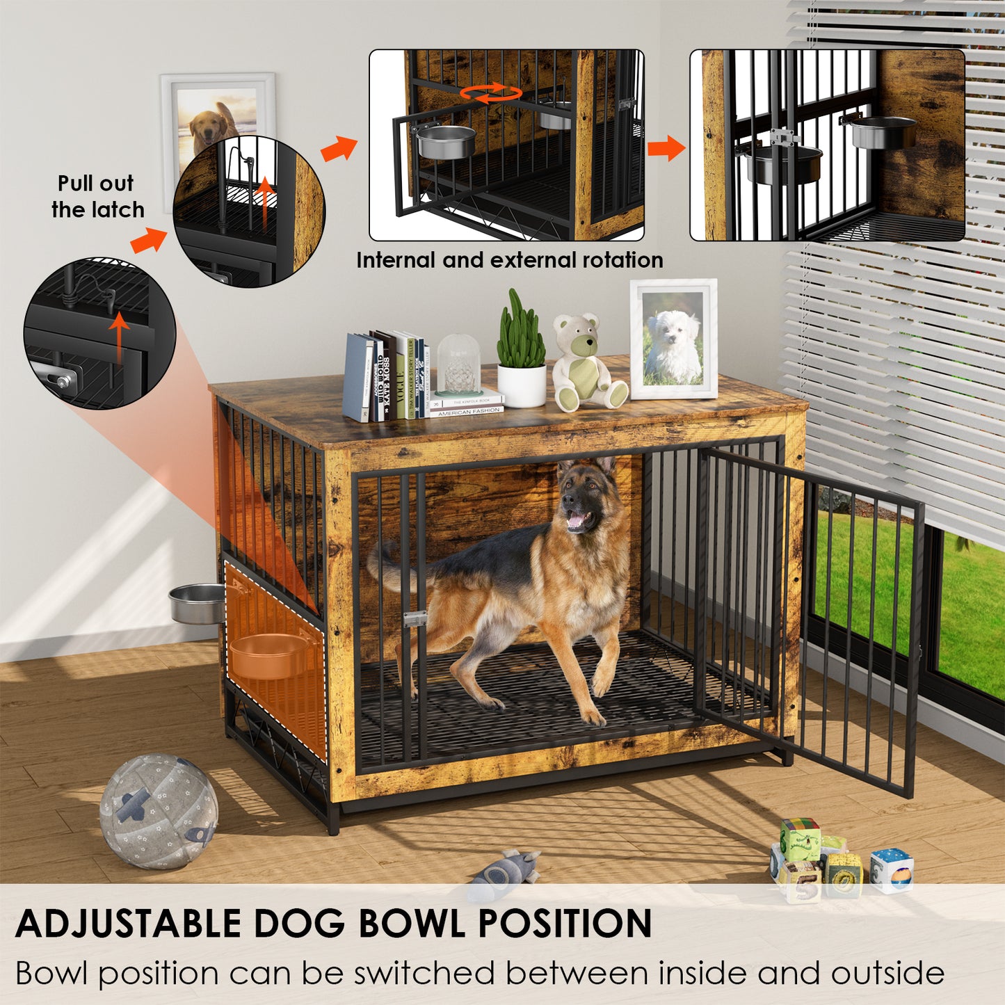 pirecart 39/44 inch Furniture Style Dog Crate with 2 Bowls, Large Wooden End Table Dog House