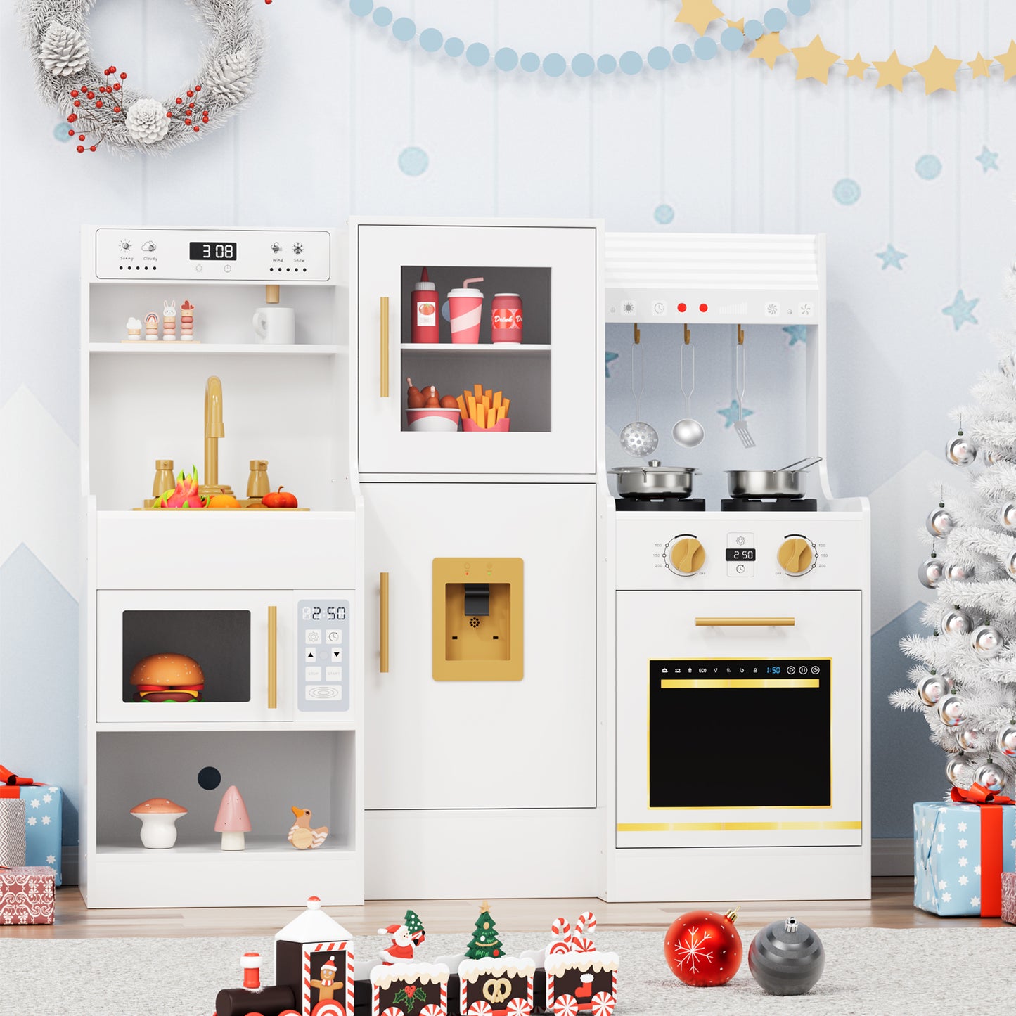 Pirecart Toddler Pretend Paly Kitchen, Wooden Kitchen Play Set with Real Sound and Light, 6-Piece Kitchenware, Sink & Stove, Water Dispenser & Hood, Kids Play Kitchen for Age 3+