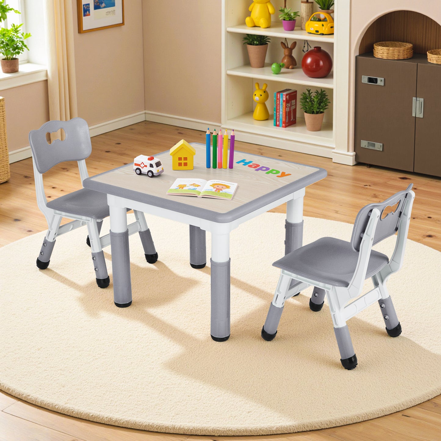 Pirecart Kids Table and 2 Chairs Set Activity Table Height Adjustable Toddler Art Desk for Reading Drawing Eating, Suitable for Ages 3-9