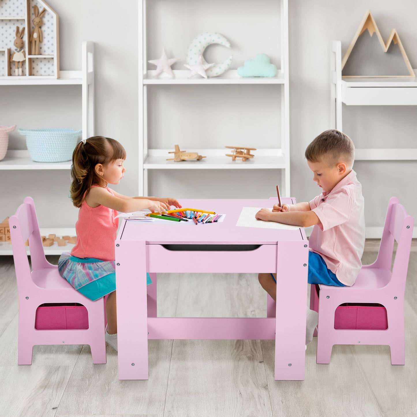 pirecart Kids Table and Chair Set, Wooden Toddler Activity Table with Storage Boxes