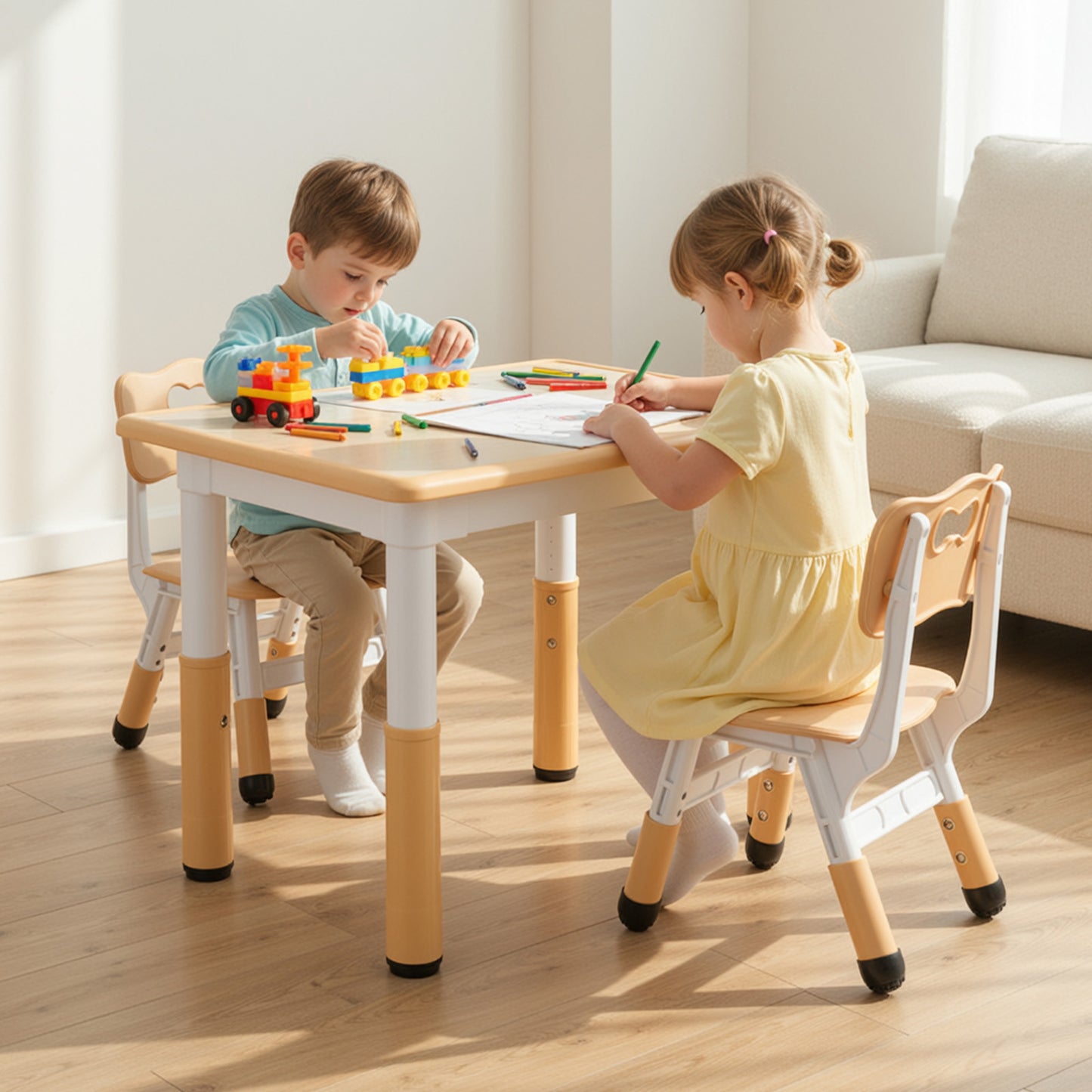 Pirecart Kids Table and 2 Chairs Set, Height Adjustable Children Multi Activity Table and Chair Set, Non-Slip Legs & Graffiti Desktop, for Drawing, Reading, Studying