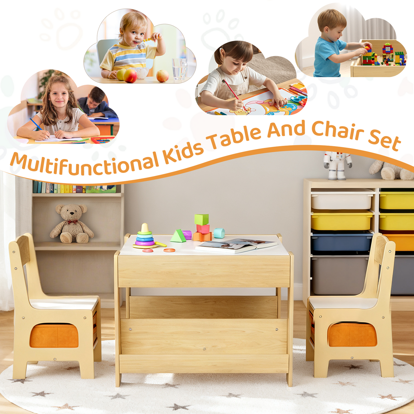Pirecart Kids Table and Chair Set, 4 in 1 Wooden Art Table with Reversible Tabletop, Blackboard, Storage Drawer, Kids Activity Table Set for Drawing, Playing, Learning