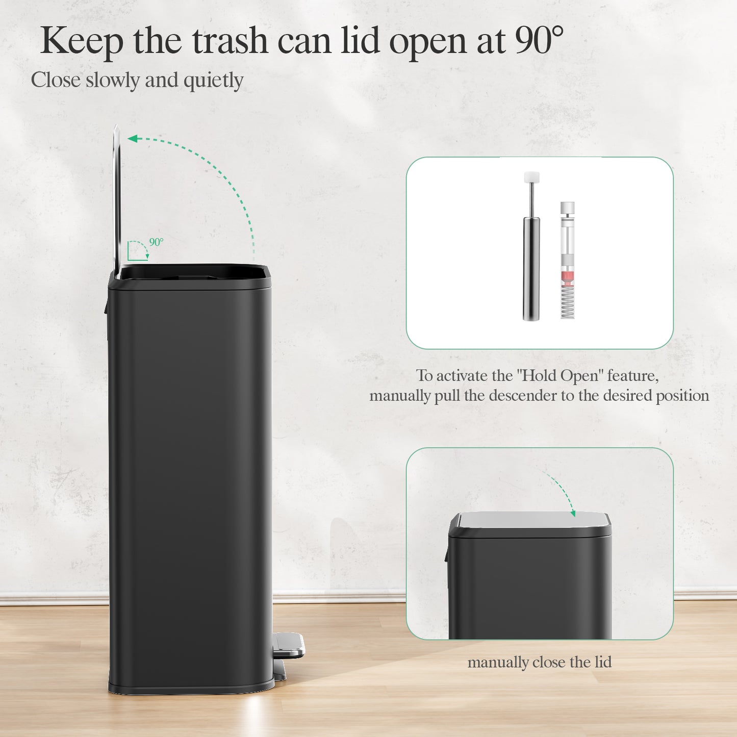 Pirecart 13.2 Gal Trash Can, Stainless Steel Garbage Can with Removable Inner Bucket & Handle, Square Garbage Bin with Soft Lid for Kitchen, Living Room