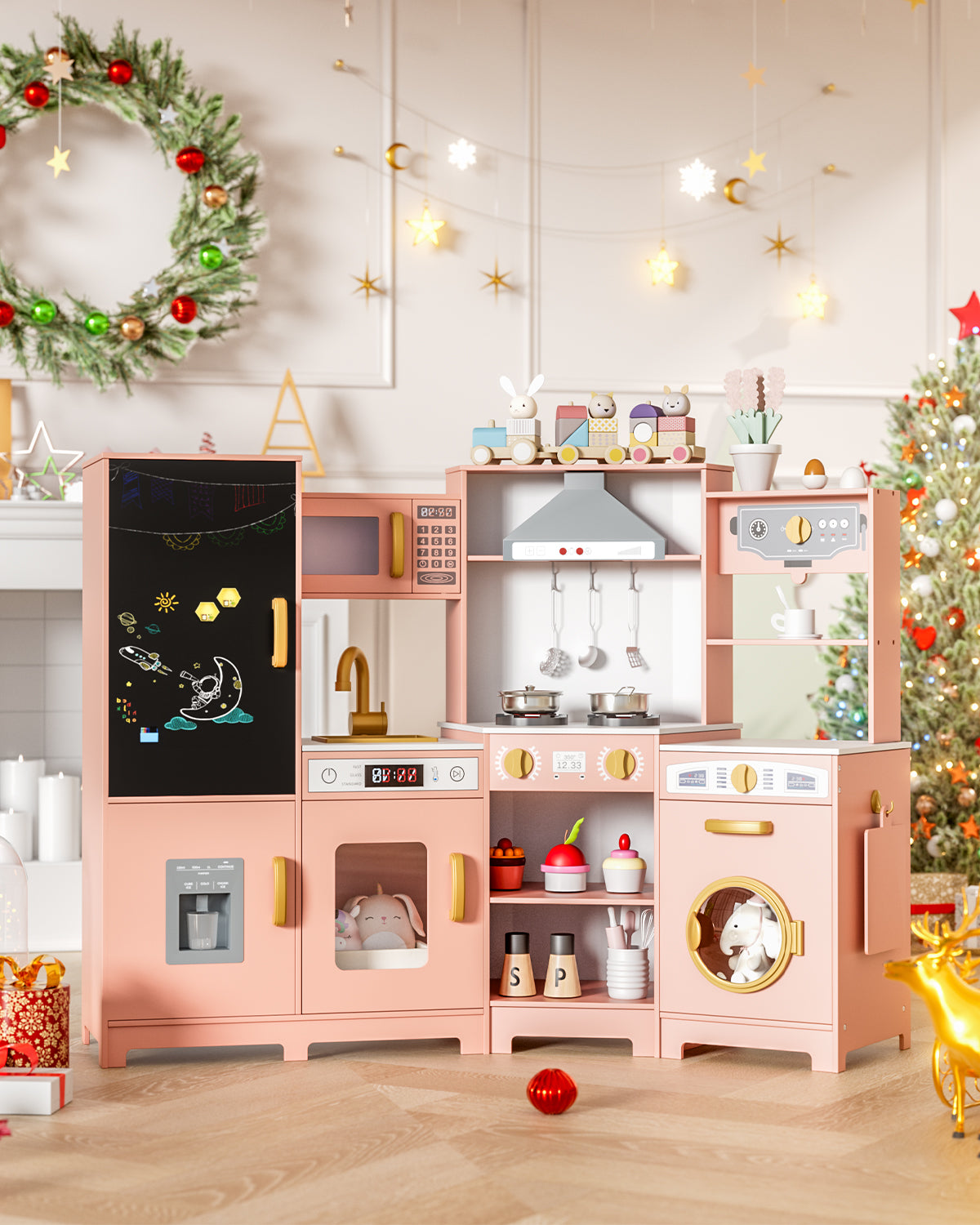 Pirecart Wooden Corner Play Kitchen, Kids Play Kitchen with Blackboard and 6Pcs Cooking Accessories, Toddler Play Kitchen Set with Realistic Sound & Light