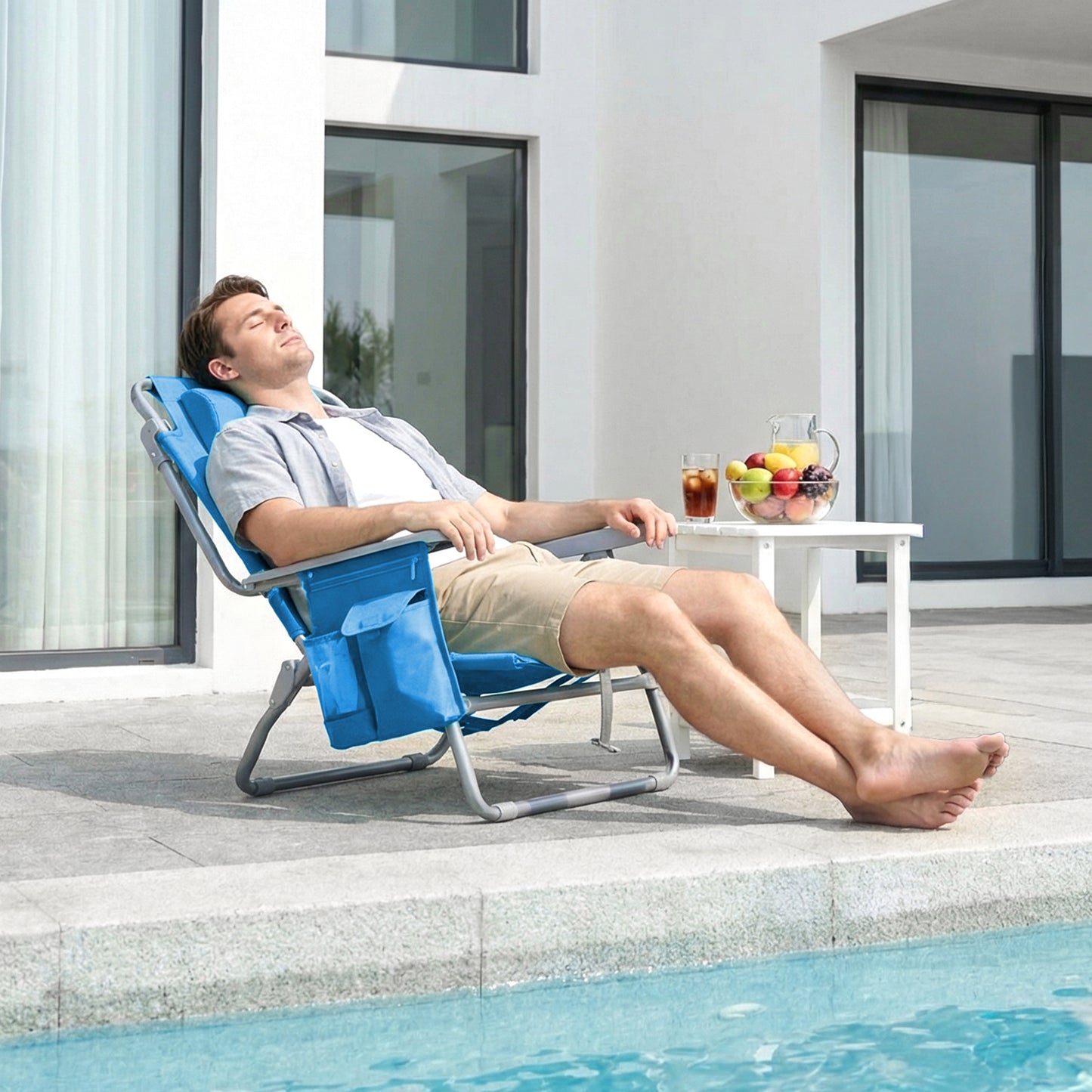 Foldable Beach Chair, 5-Position Lay Flat Reclining Beach Chair W/ Headrest, Storage Bag, Cooler Pouch,Towel Bar, Foot Mat