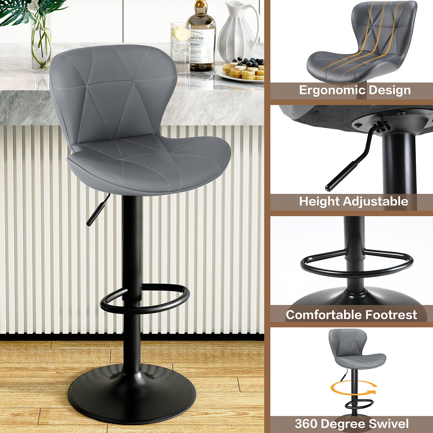 Pirecart Set of 2 Bar Stools, Bar Stools for Dining, Entertainment Center, PU Leather, Hight Adjustable Bar Chairs, Swivel Bar Stools with Back and Footrest