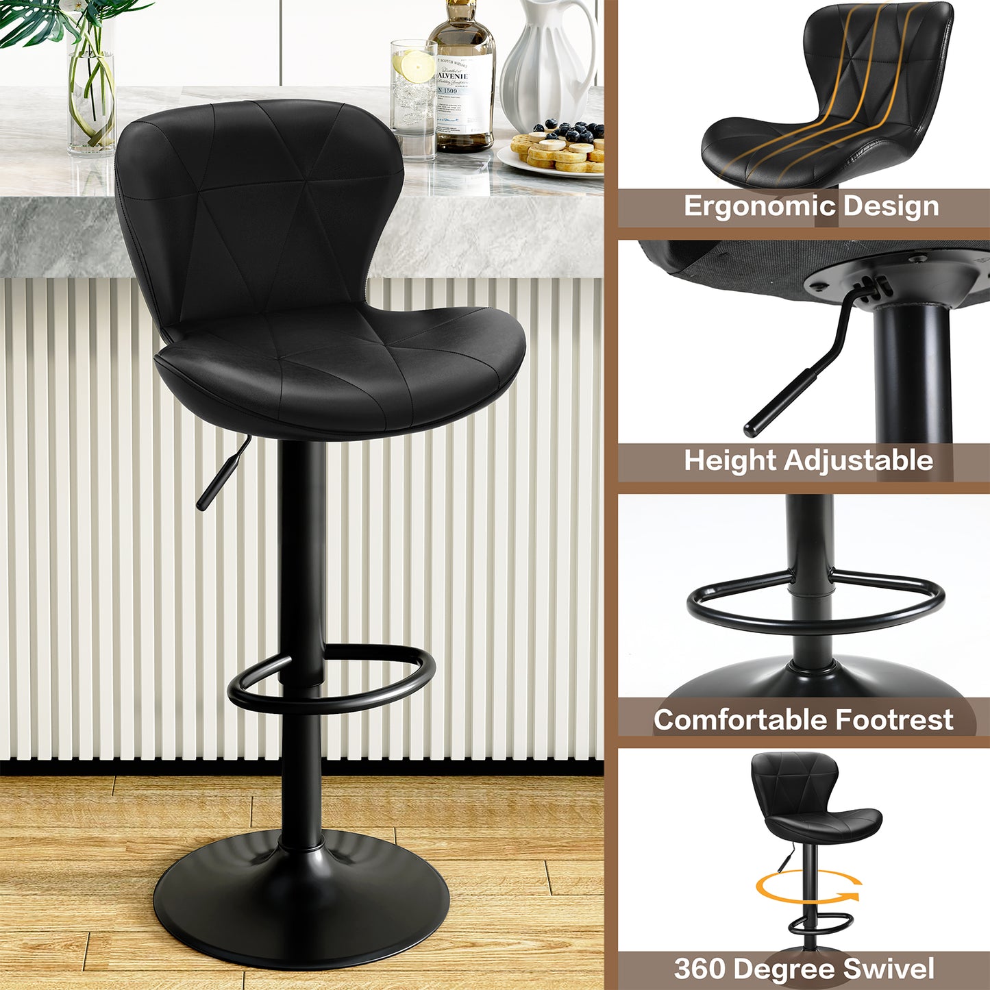 Pirecart Set of 2 Bar Stools, Bar Stools for Dining, Entertainment Center, PU Leather, Hight Adjustable Bar Chairs, Swivel Bar Stools with Back and Footrest