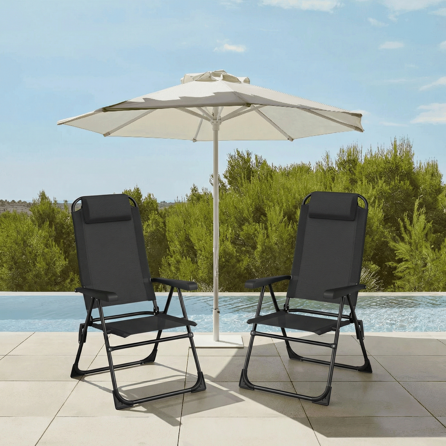 Pirecart 2PCS Folding Patio Chairs, 5 Level Adjustable Outdoor Lawn Chair with Removable Headrest, Teslin Fabric Patio Chairs with Ergonomic Armrest, Foot Pad
