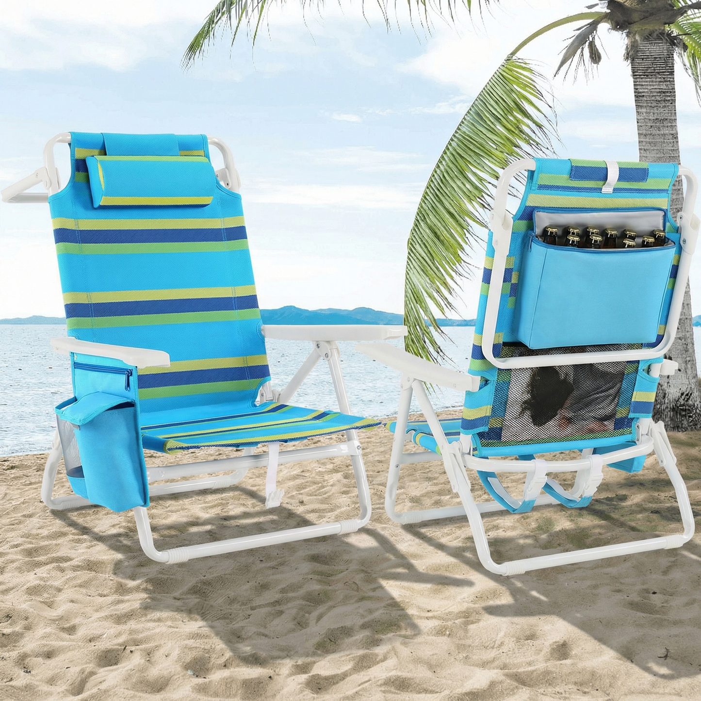 Foldable Beach Chair, 5-Position Lay Flat Reclining Beach Chair W/ Headrest, Storage Bag, Cooler Pouch,Towel Bar, Foot Mat