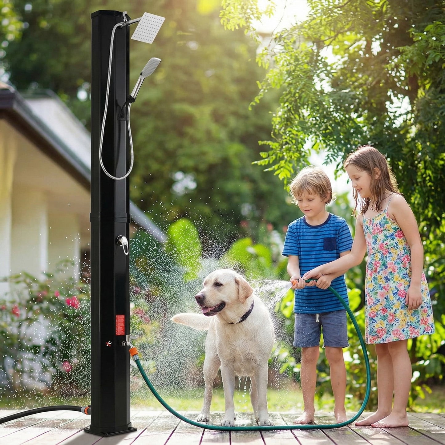 Pirecart Solar Heated Shower with Handheld Head, Outdoor PVC Freestanding Shower W/360 Rotating Rainfall, Temperature Adjustment & Foot Faucet, for Poolside