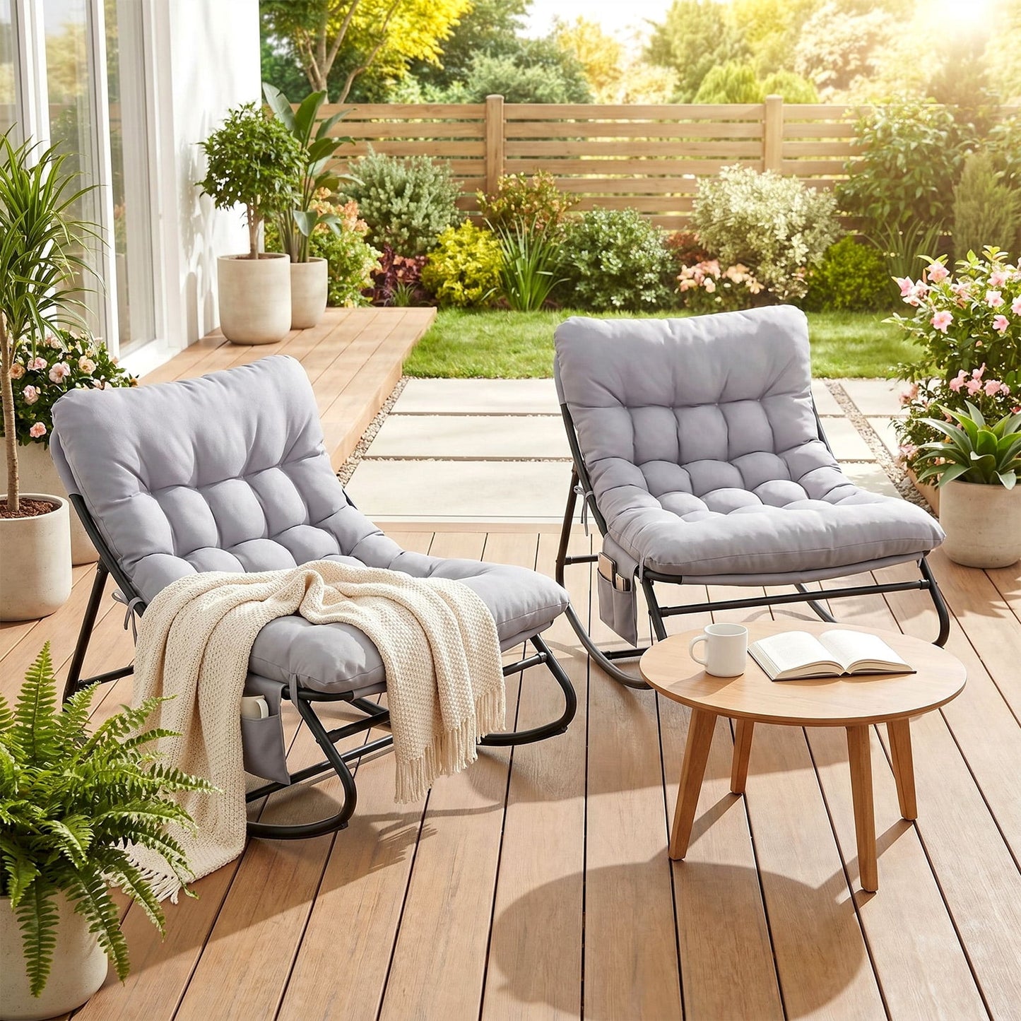Pirecart Outdoor Papasan Rocking Chair, Lounge Chair with Cushion & Side Pocket, Metal Frame, Patio Rocker Chair for Balcony Backyard