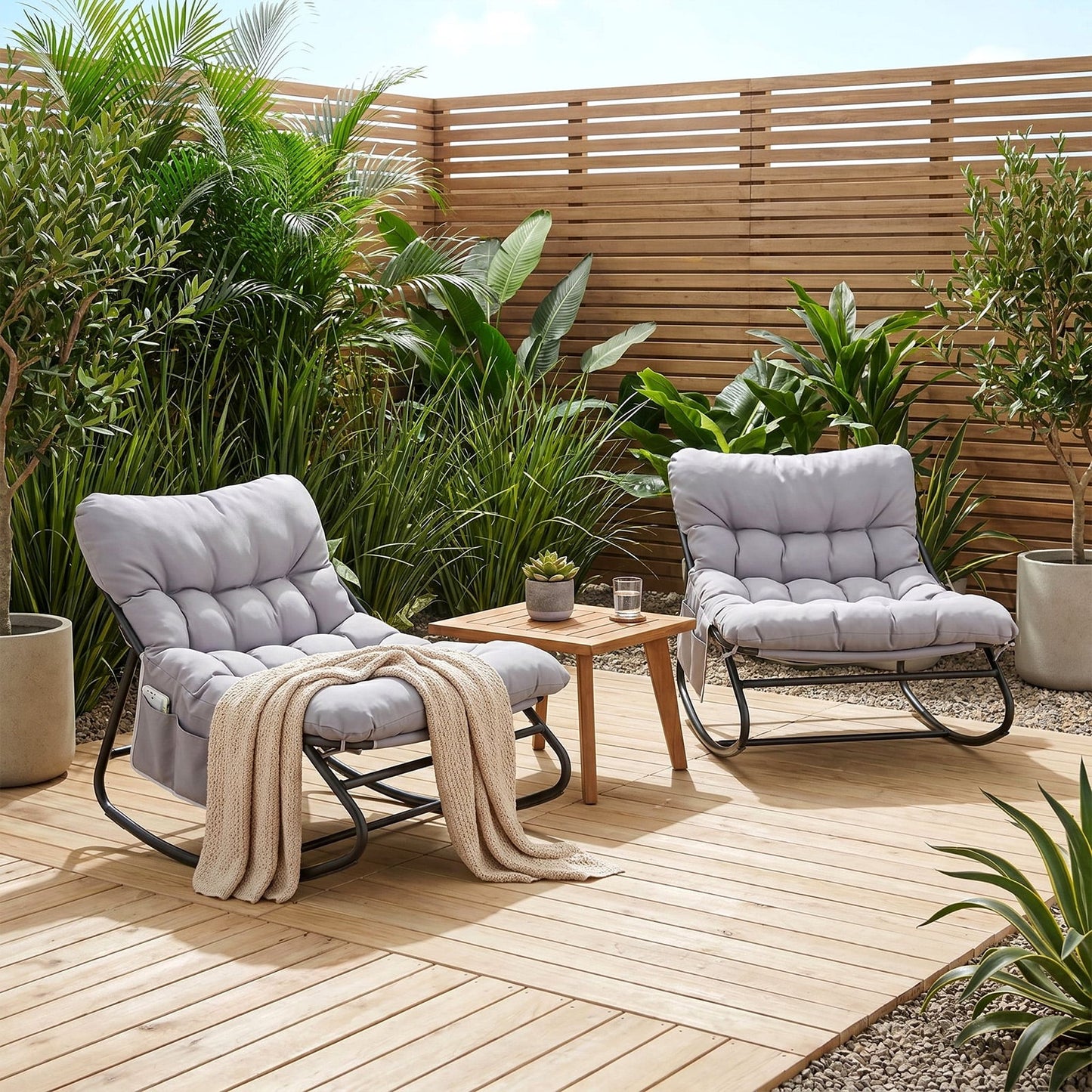 Pirecart Outdoor Papasan Rocking Chair, Lounge Chair with Cushion & Side Pocket, Metal Frame, Patio Rocker Chair for Balcony Backyard