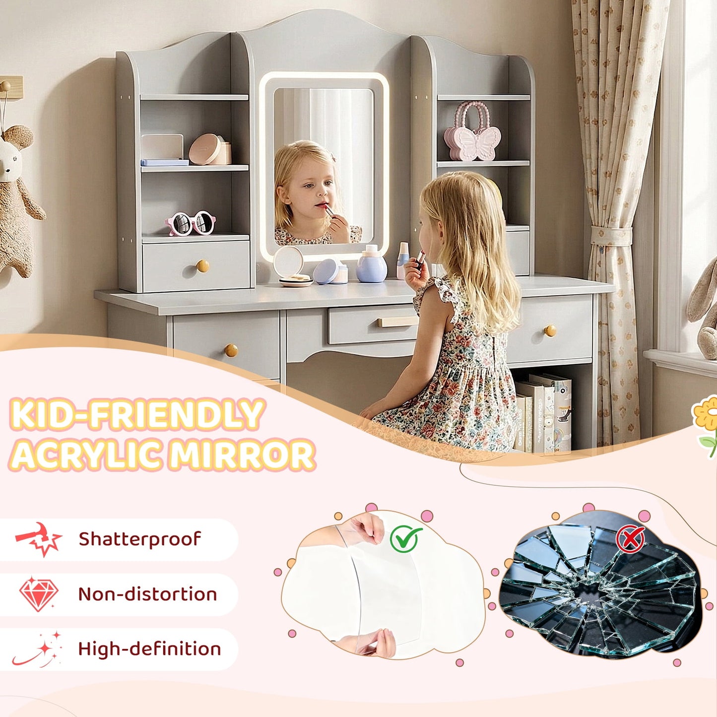 Pirecart Kids Vanity with 3 Color Lights, Girls Vanity Set with Mirror, Storage Drawer, Pretend Play Makeup Desk, with Detachable shelf