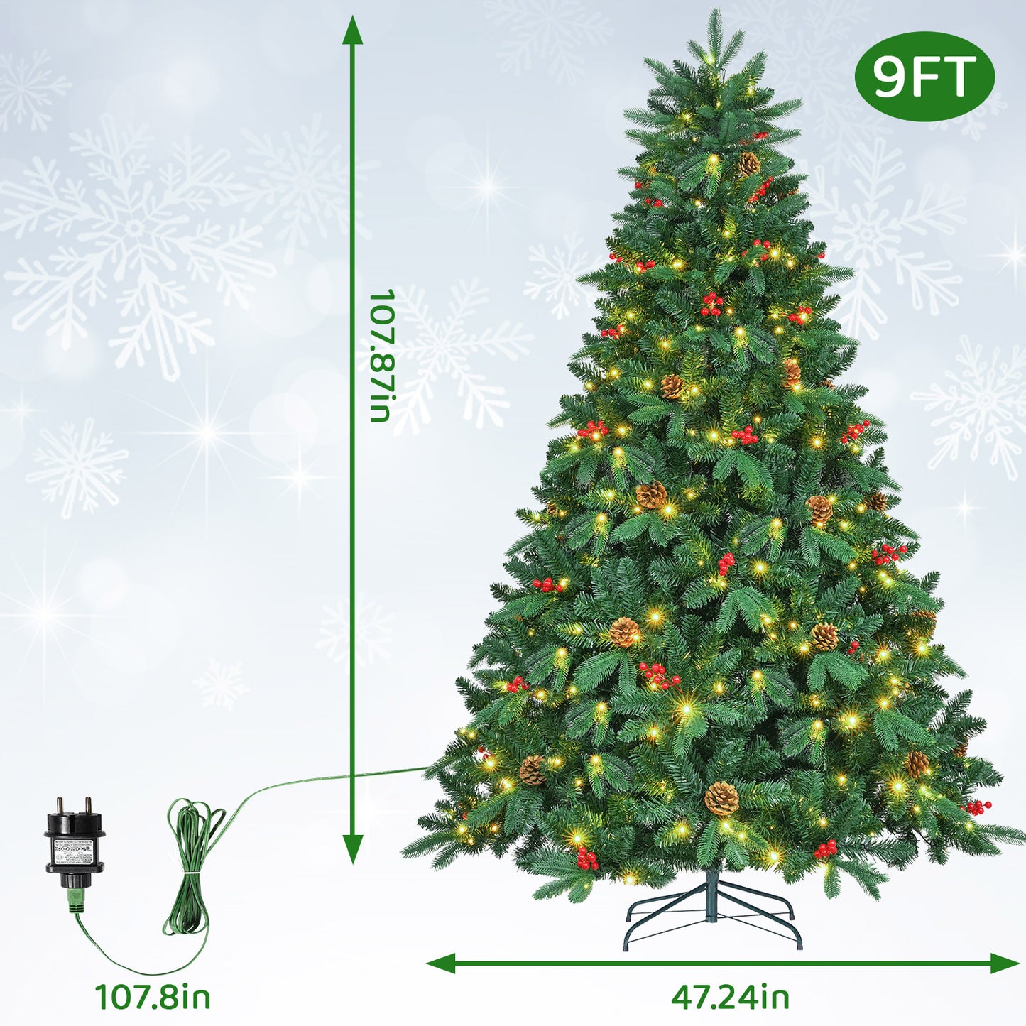 pirecart 8/9FT Pre-Lit Christmas Tree Hinged Artificial Tree with 47 Pinecones, 47 Berries