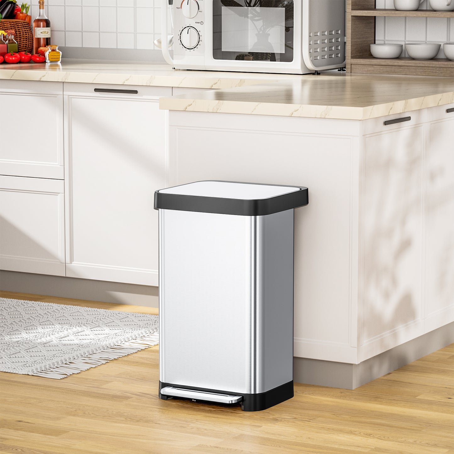 Pirecart 13.2 Gal Stainless Steel Trash Can, Soft-Close Lid Grabage Can with 15 Inner Bags, Rear Trash Bag Storage Compartment, Large Capacity Step Trash Can With Built-In Deodorizer Box