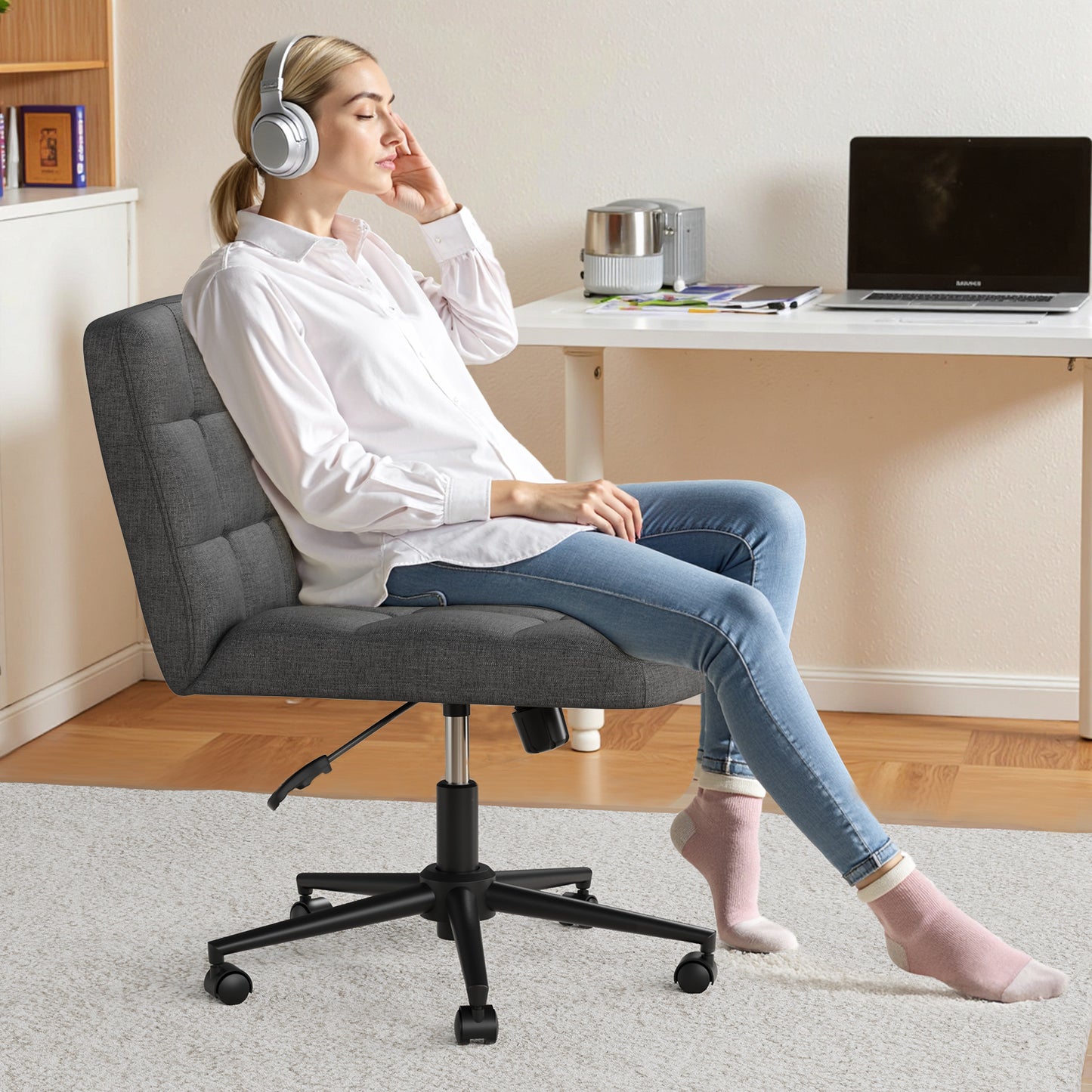 Pirecart Criss Cross Legged Chair, Comfy Swivel Armless Chair with Wheels and Wide Cushion, Height Adjustable Vanity Chair for Bedroom, Office, Desk, Linen