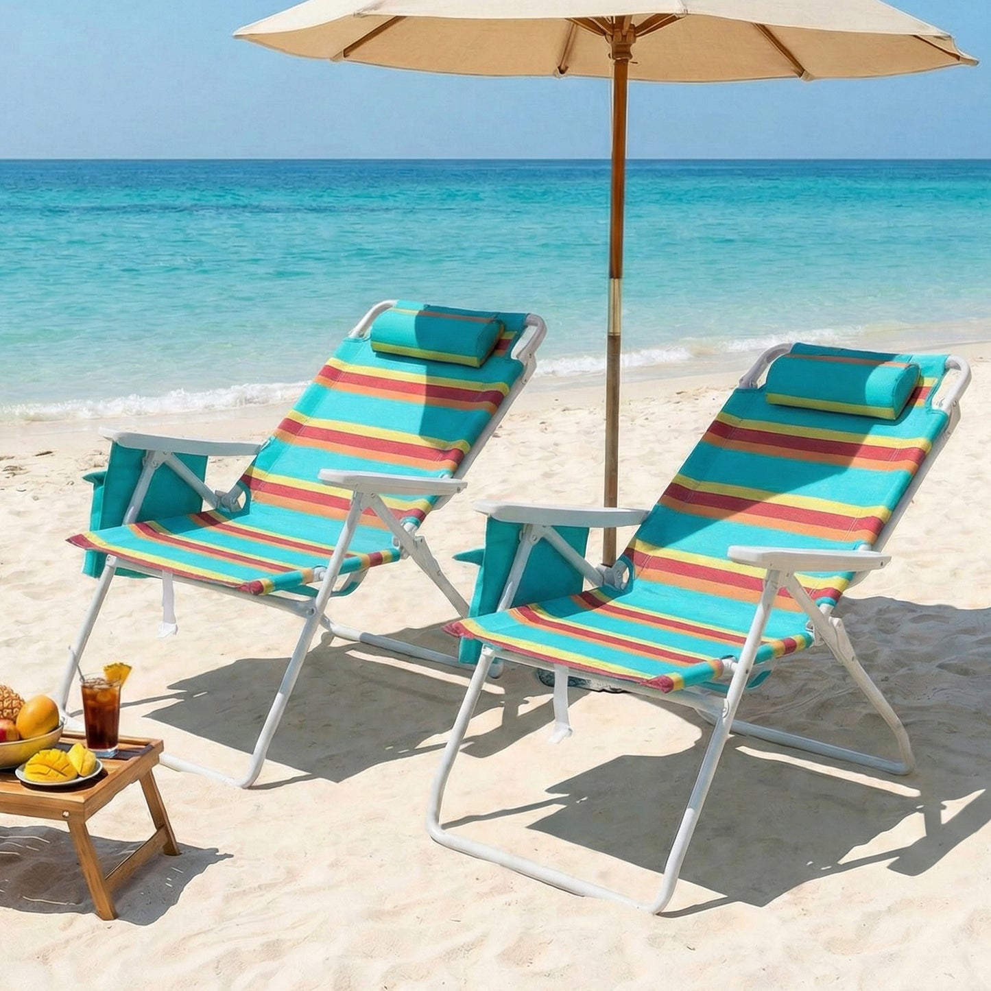 Pirecart Tall Beach Chairs for Adults, Portable Beach Chairs W/ 5-Position Lay Flat & Cooler Pouch, for Beach, Camp, Outdoor