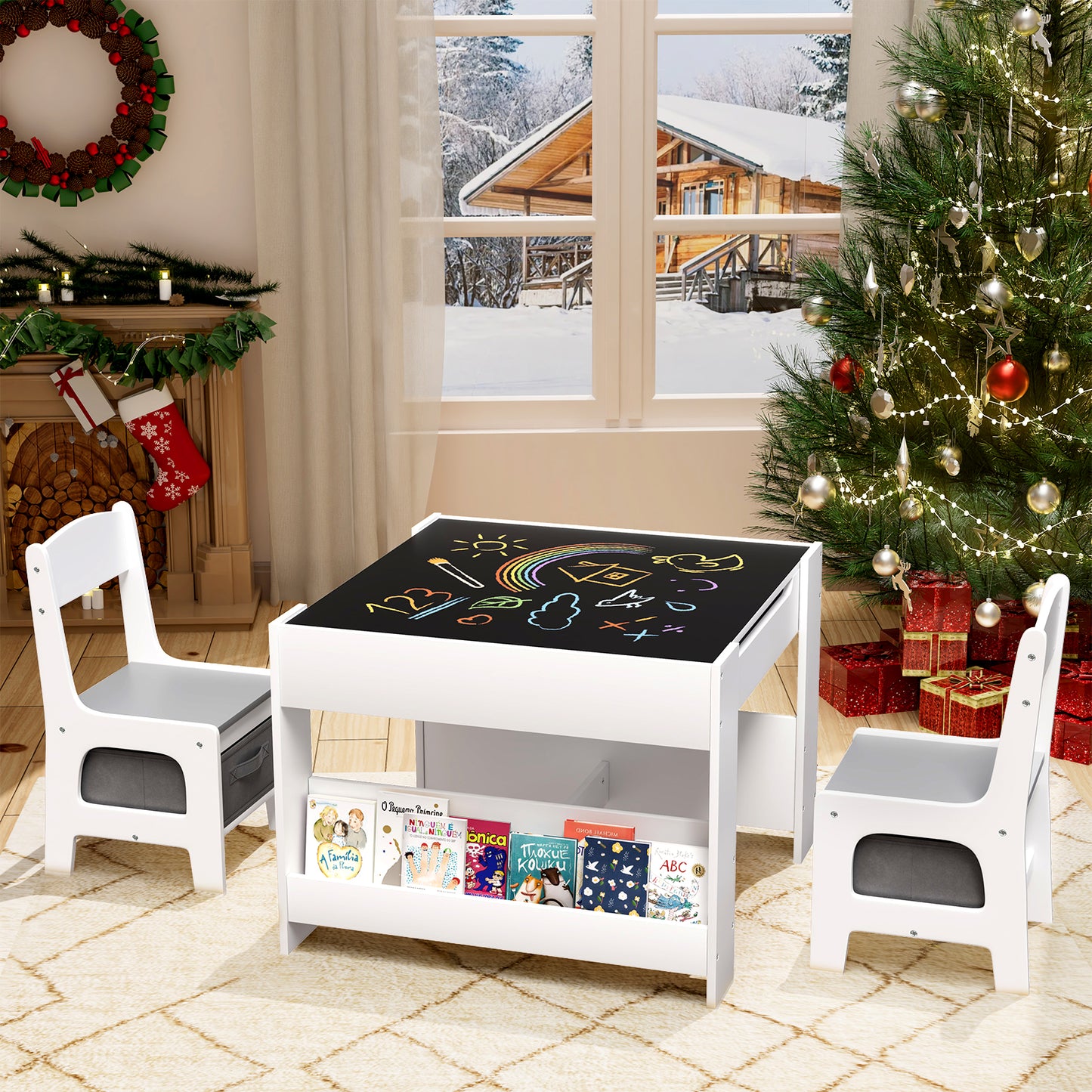 Pirecart Kids Table and Chair Set, 4 in 1 Wooden Art Table with Reversible Tabletop, Blackboard, Storage Drawer, Kids Activity Table Set for Drawing, Playing, Learning