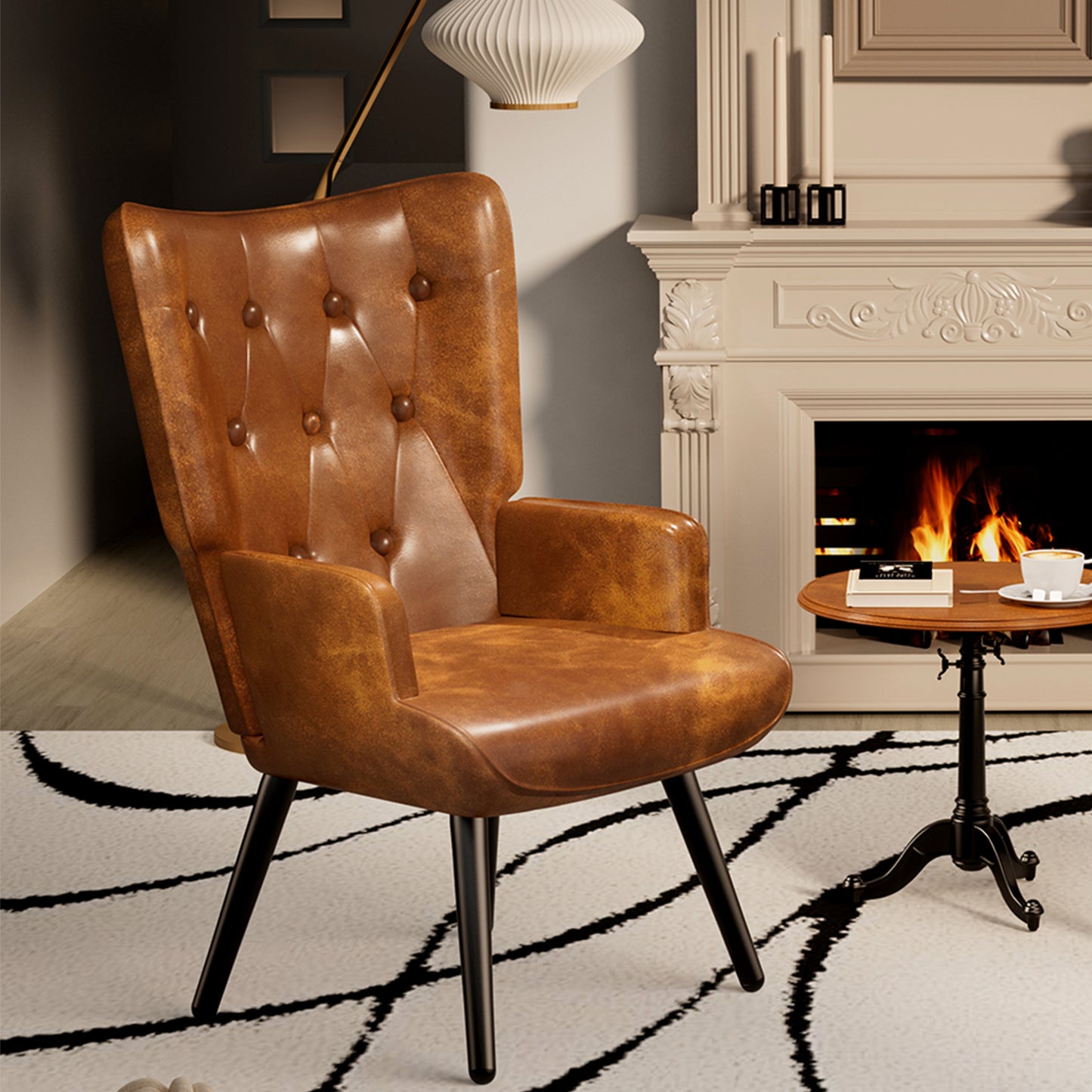 Pirecart Leather Accent Chair, Comfy Upholstered Armchair with Metal Legs, High Backrest Living Room Chair Mid Century Modern for Living Room, Vanity, Bedroom, Brown