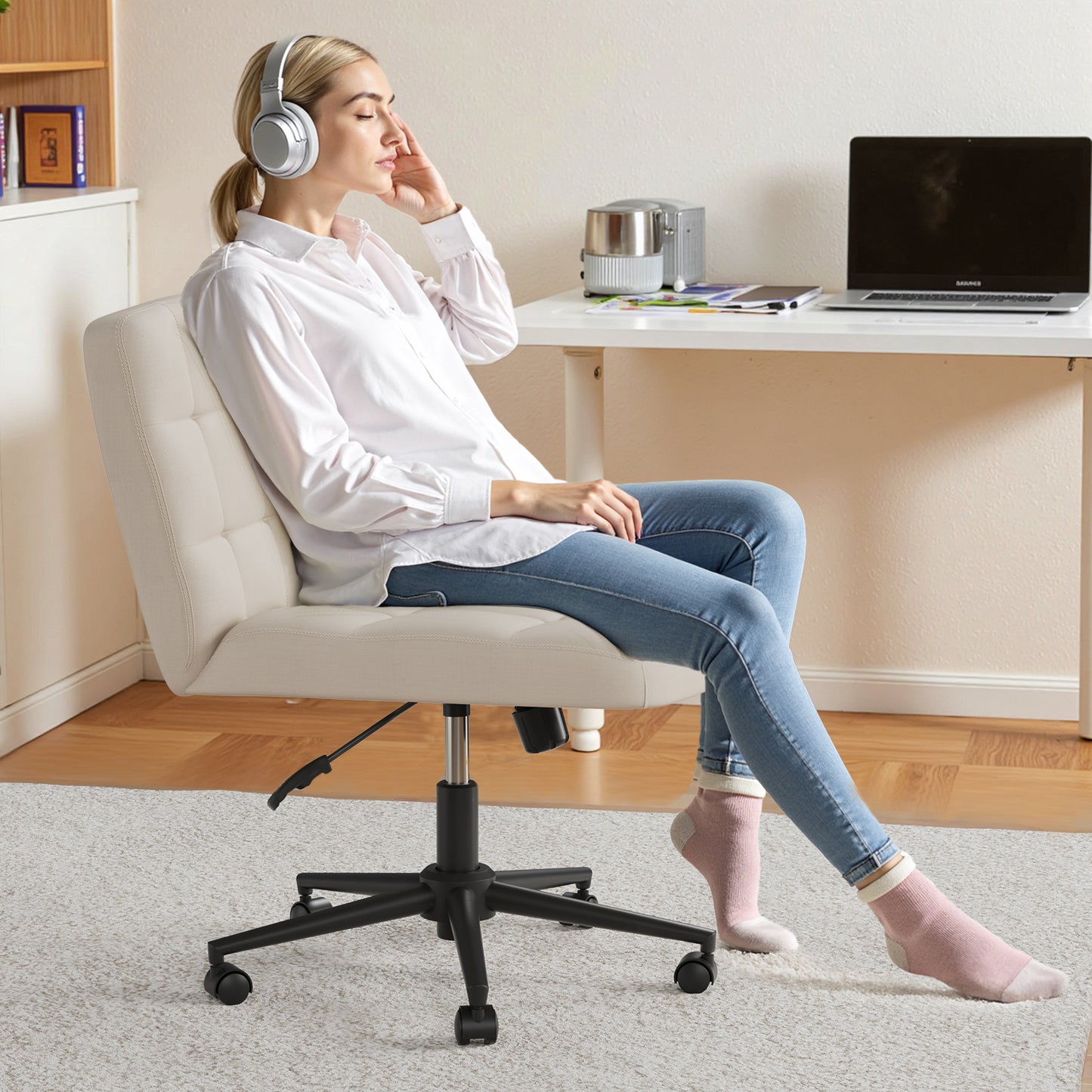 Pirecart Criss Cross Legged Chair, Comfy Swivel Armless Chair with Wheels and Wide Cushion, Height Adjustable Vanity Chair for Bedroom, Office, Desk, Linen