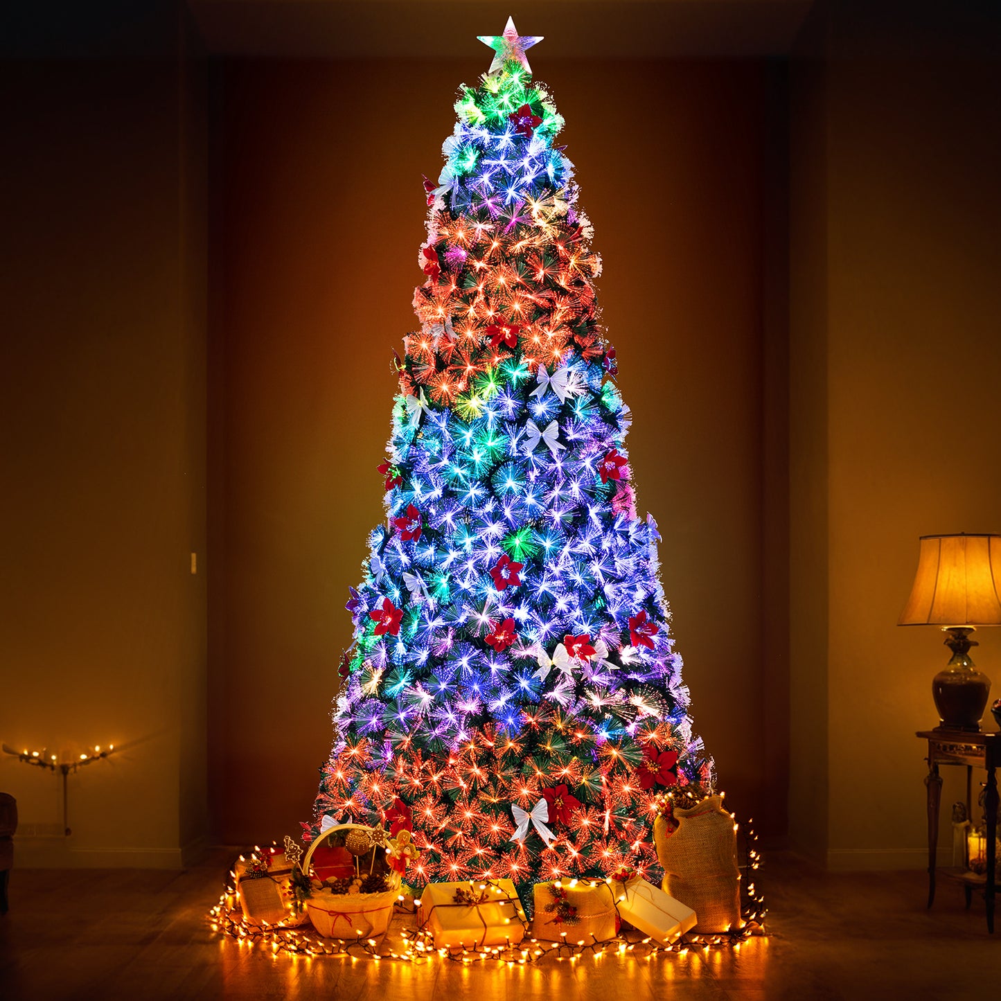 pirecart 6/8/9/10 ft Fiber Optic Artificial Christmas Tree, Pre-Lit Christmas Tree with Artificial Flowers and Bow