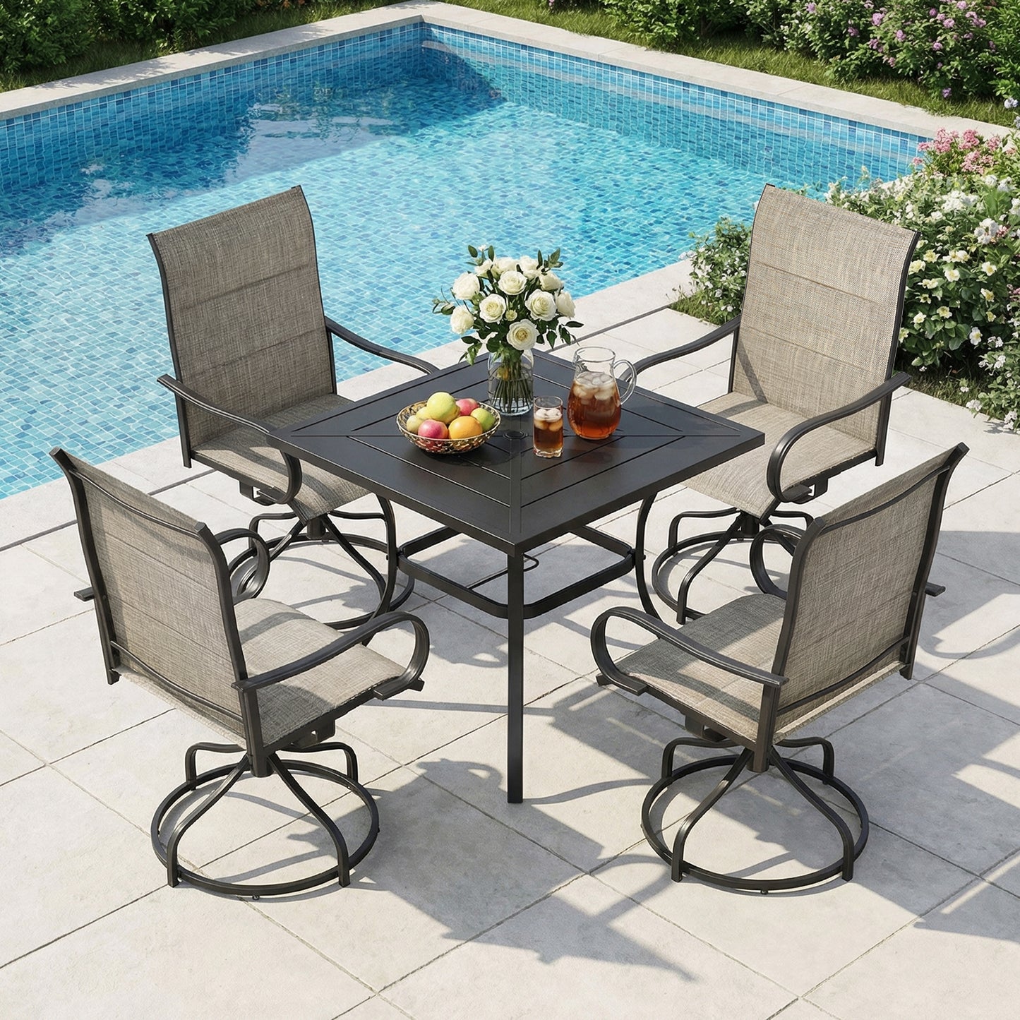 Pirecart Padded Patio Swivel Chairs Set of 2, Outdoor 360° Dining Chairs W/ Metal Rocking Frame & Armrest, High Back Textilene Patio Dining Chairs