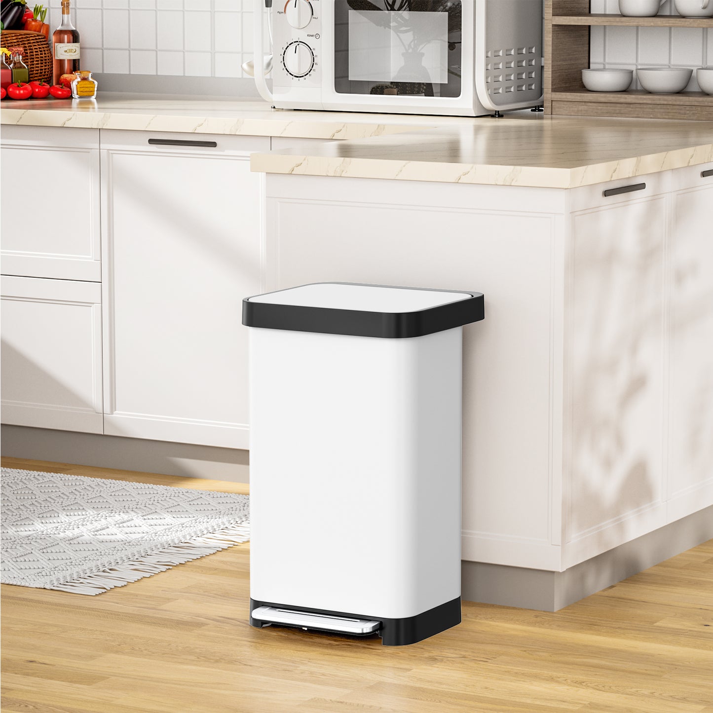 Pirecart 13.2 Gal Stainless Steel Trash Can, Soft-Close Lid Grabage Can with 15 Inner Bags, Rear Trash Bag Storage Compartment, Large Capacity Step Trash Can With Built-In Deodorizer Box