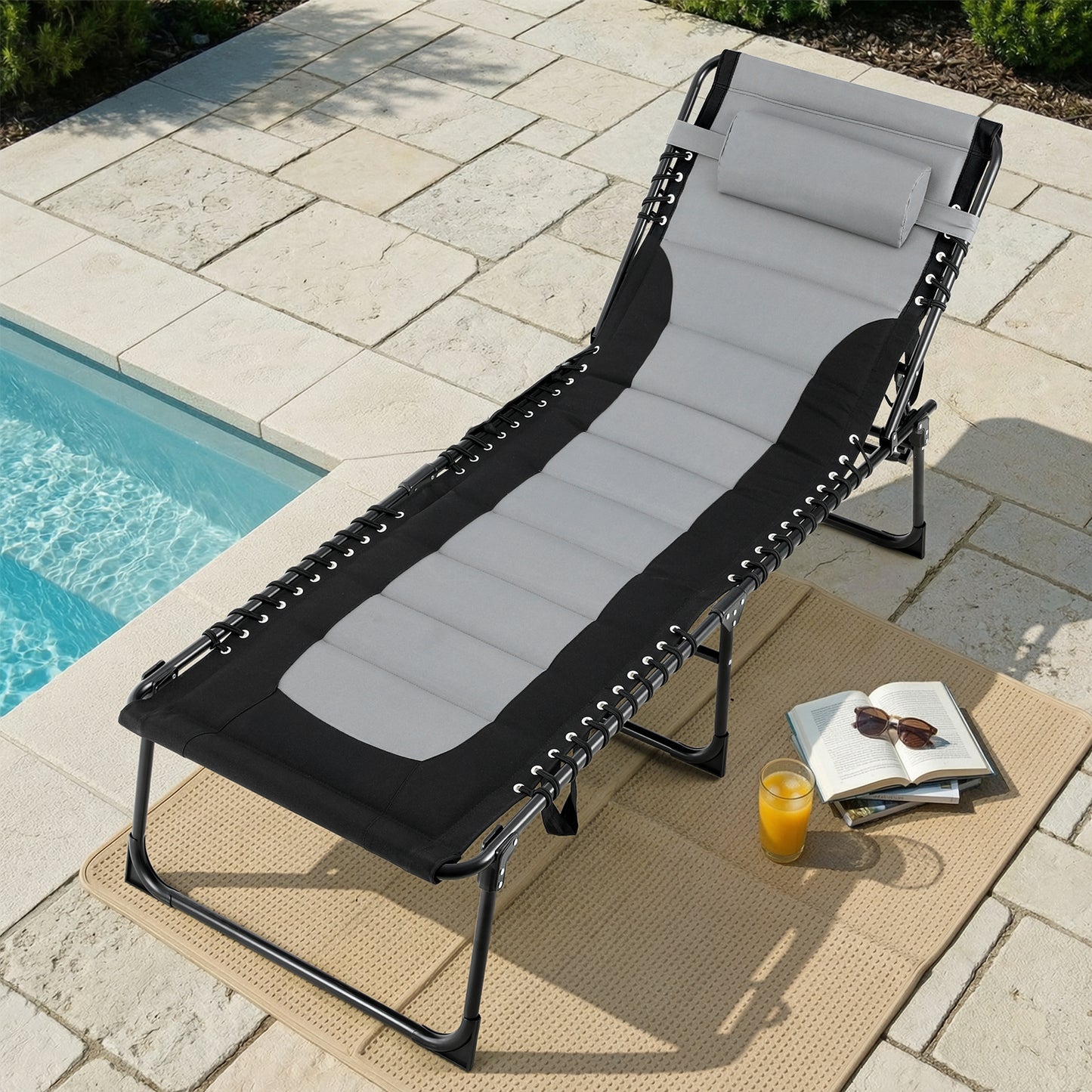 Pirecart 5-Position Adjustable Lounge Chair, Padded Folding Tanning Bed Chaise Lounge Chair, with Pillow, Side Pocket, Carrying Handle