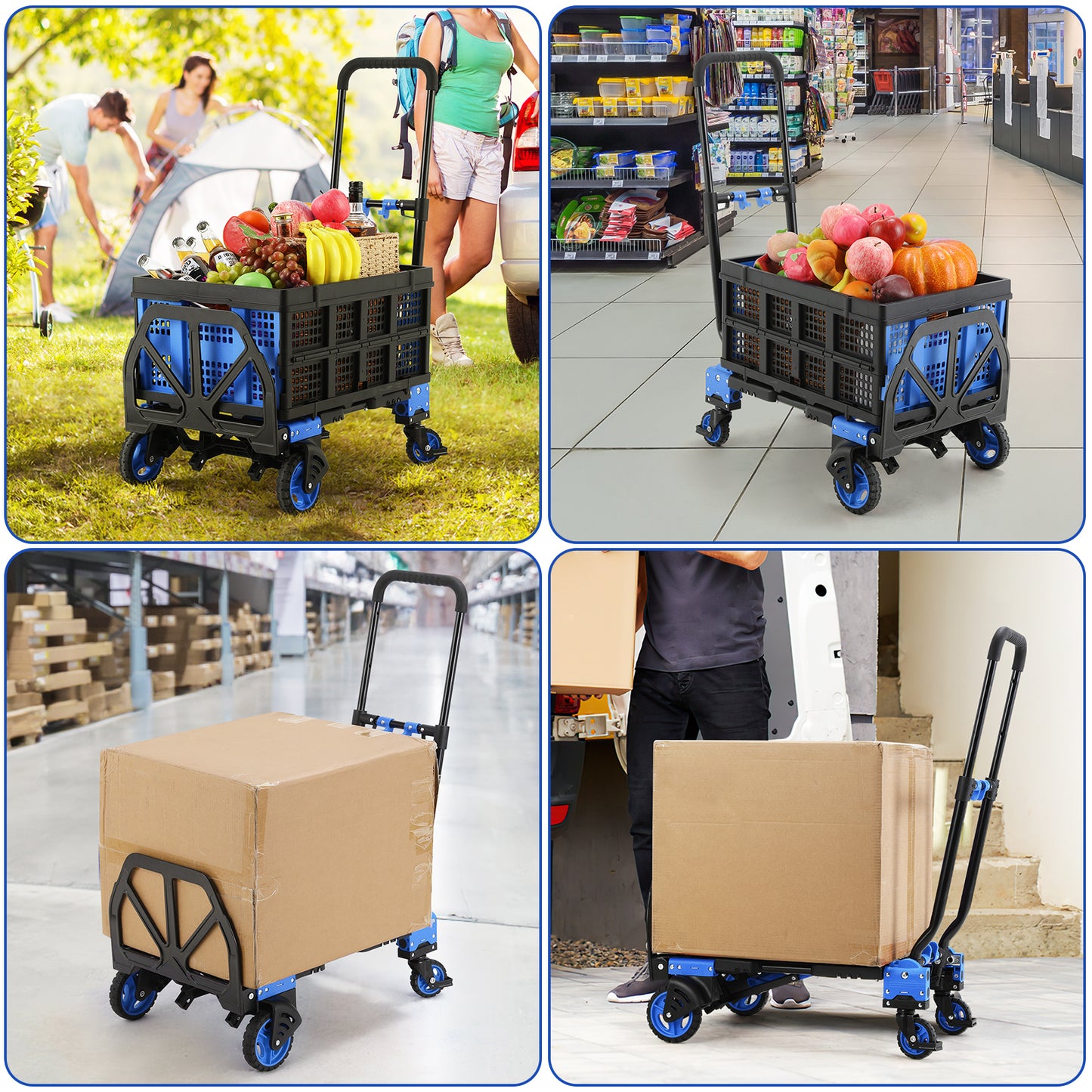 Pirecart Portable Hand Truck, Platform Cart with 4 Wheels& 22" Storage Box, 3-in-1 Folded Dolly Cart Max Load 300Lbs for Travel, Luggage, Shopping, Moving Use