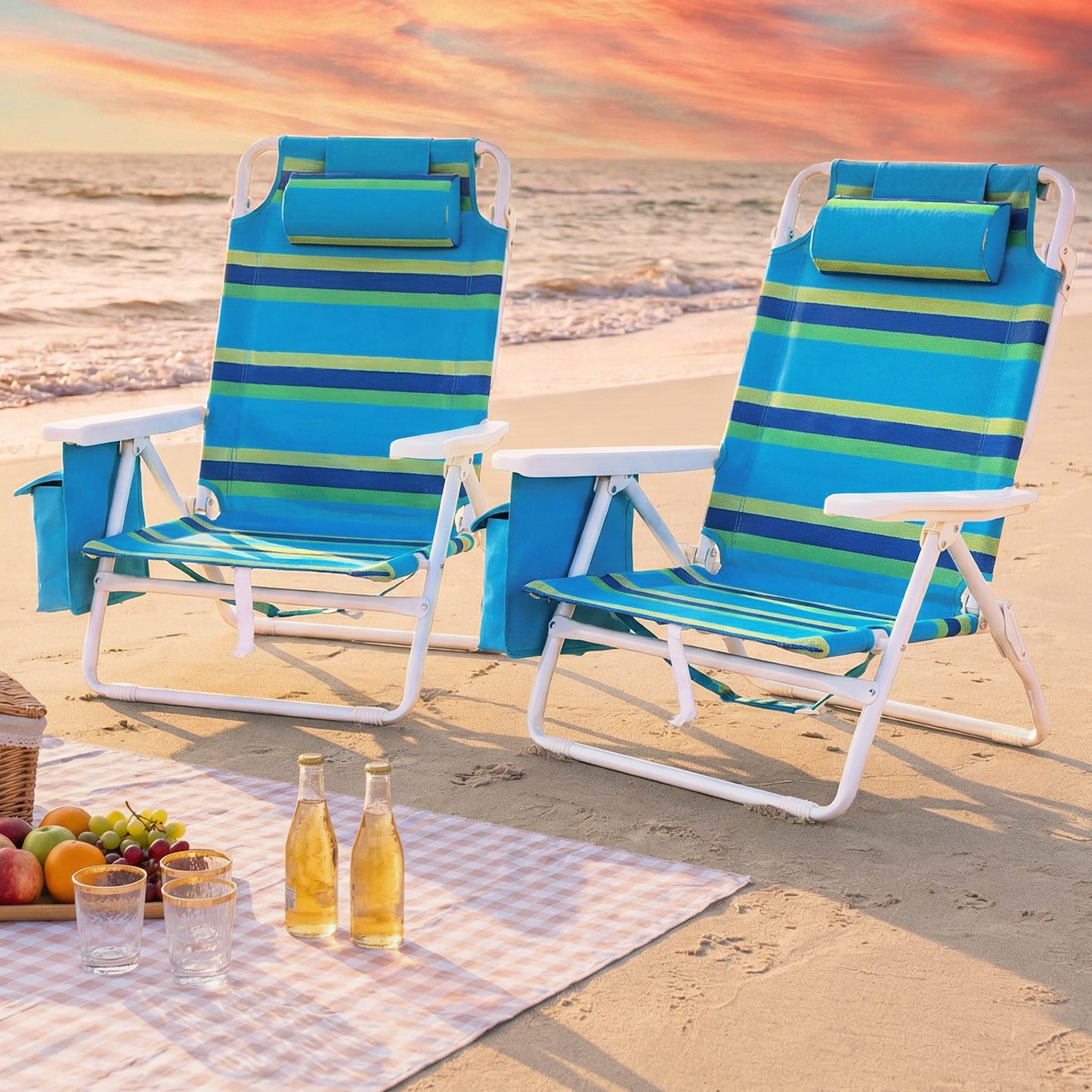 Foldable Beach Chair, 5-Position Lay Flat Reclining Beach Chair W/ Headrest, Storage Bag, Cooler Pouch,Towel Bar, Foot Mat