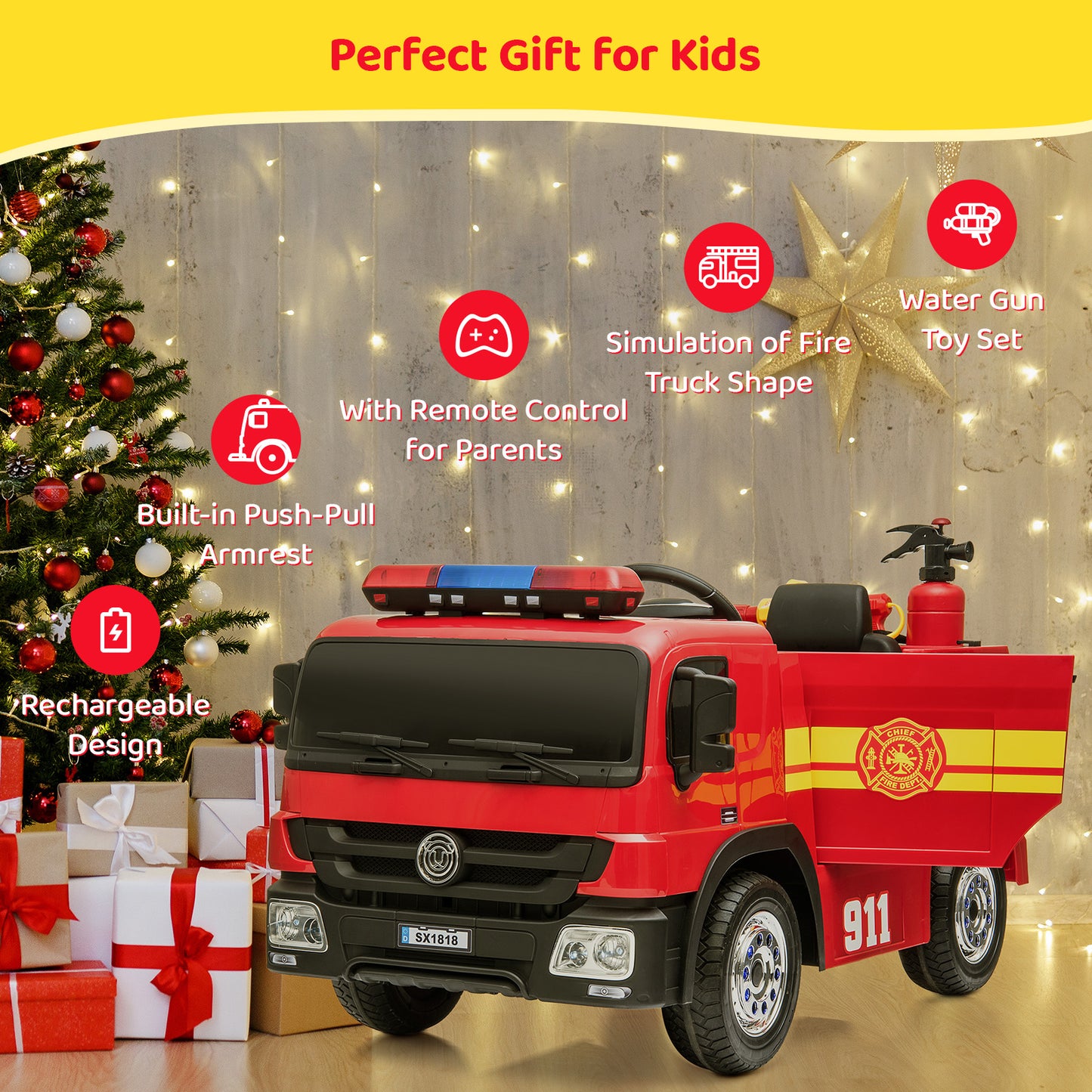 pirecart Ride On Fire Truck 12 Volt Battery Powered Fire Car Toy with Remote Control