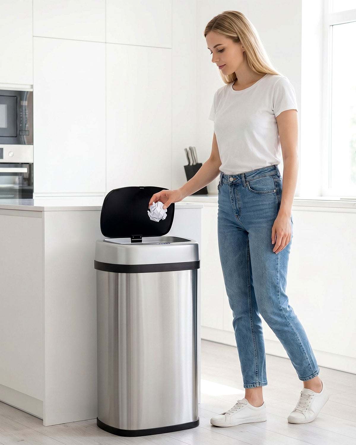 Pirecart Motion Sensor Trash Can, Stainless Steel Automatic Garbage Can with Soft-Close Lid, for Kitchen/Living Room/Office, Silver, Black, White