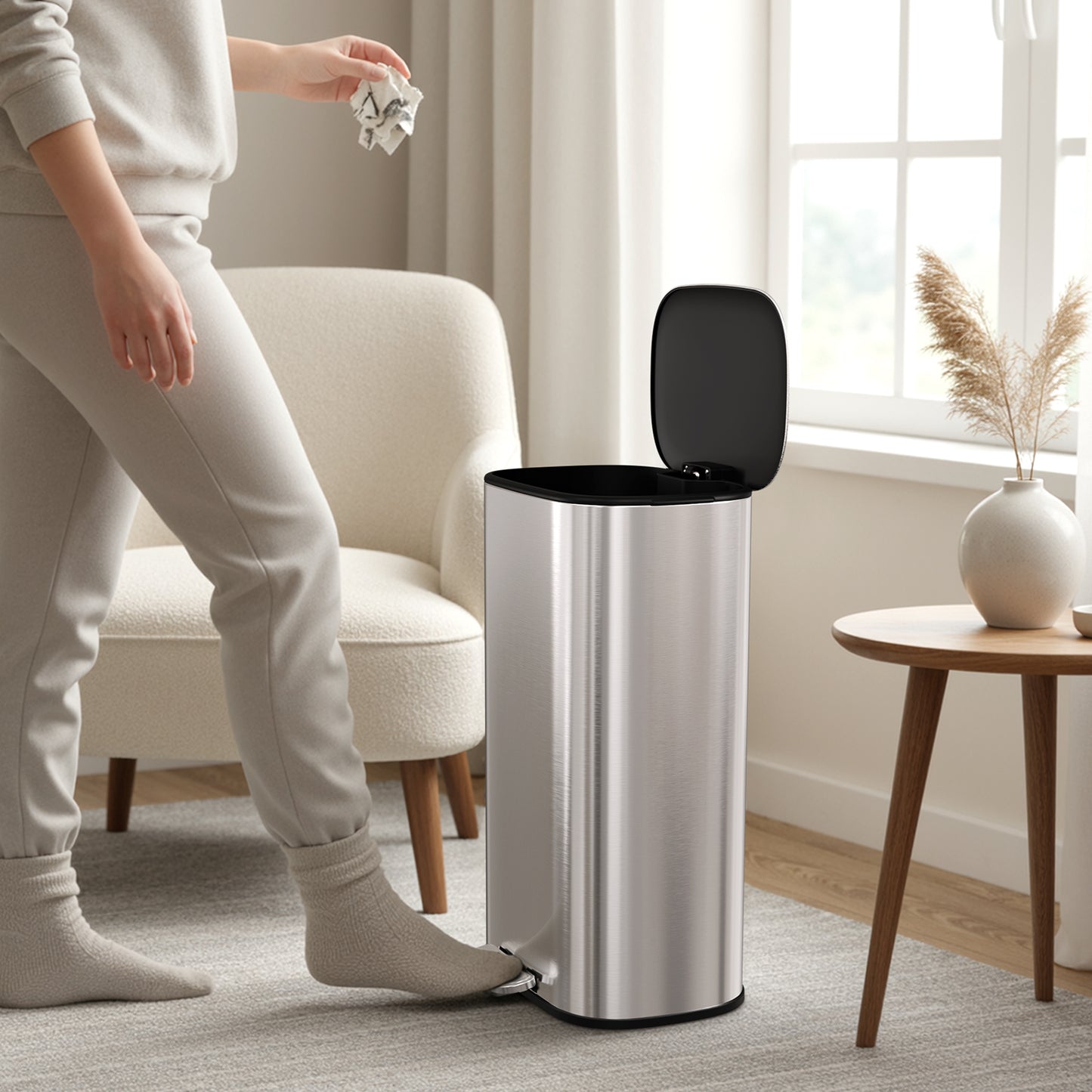 Pirecart Stainless Steel Trash Can, 8 Gal Oval Garbage Can W/ Slow-Closing Lid & Removable Inner Bucket, Foot-operated Soft Lid Trash Can for kitchen, Home, Office