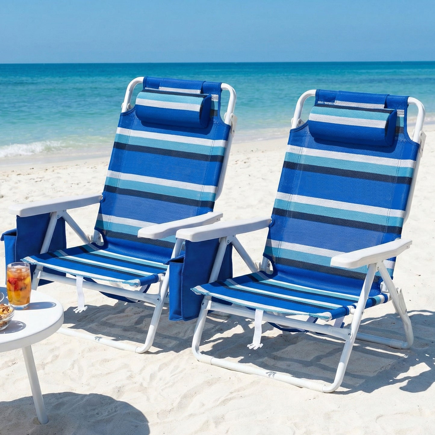 Foldable Beach Chair, 5-Position Lay Flat Reclining Beach Chair W/ Headrest, Storage Bag, Cooler Pouch,Towel Bar, Foot Mat