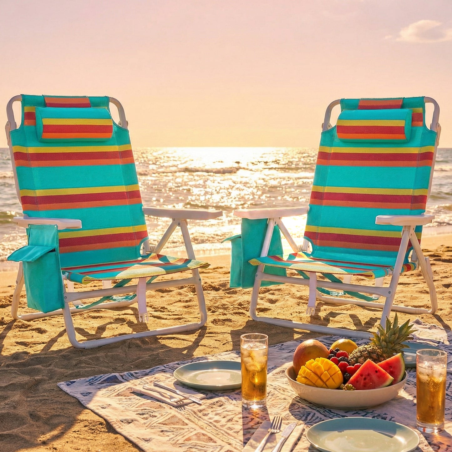 Foldable Beach Chair, 5-Position Lay Flat Reclining Beach Chair W/ Headrest, Storage Bag, Cooler Pouch,Towel Bar, Foot Mat