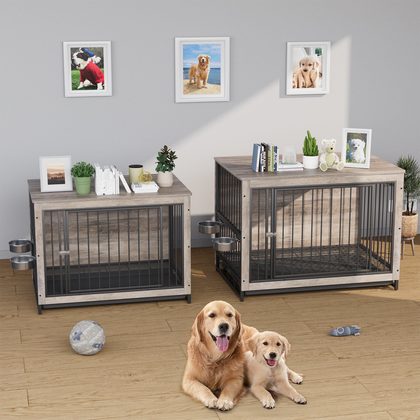 pirecart 39/44 inch Furniture Style Dog Crate with 2 Bowls, Large Wooden End Table Dog House