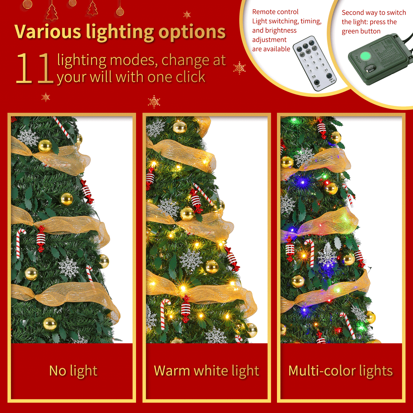 Pirecart 4/6/7 FT Collapsible Christmas Tree, Pop Up Christmas Tree with Light and Remote, Fully Decorated Pre-Lit with 11 Light Models Colored Light Balls,for Holiday Xmas Decor