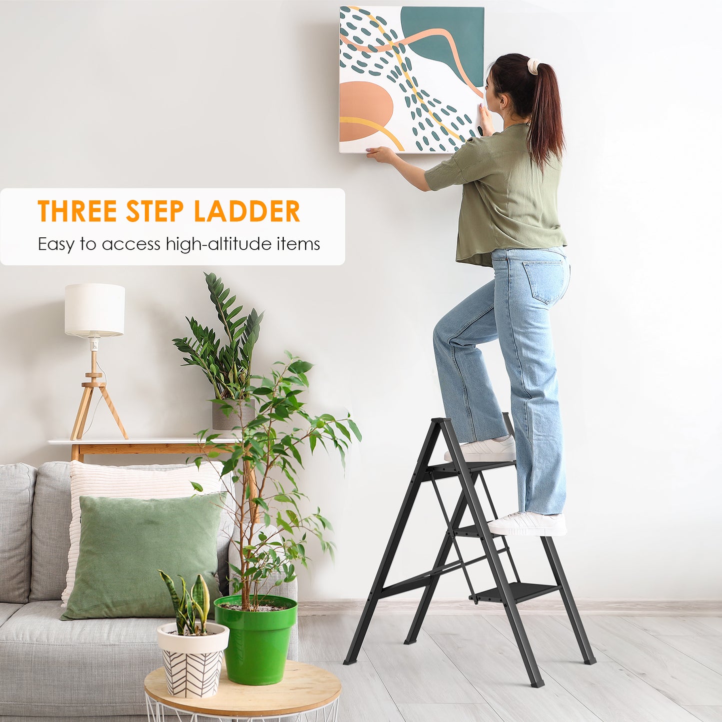 pirecart 3/4 Step Ladder, Aluminum Portable Folding Step Stool with Wide Anti-Slip Pedals