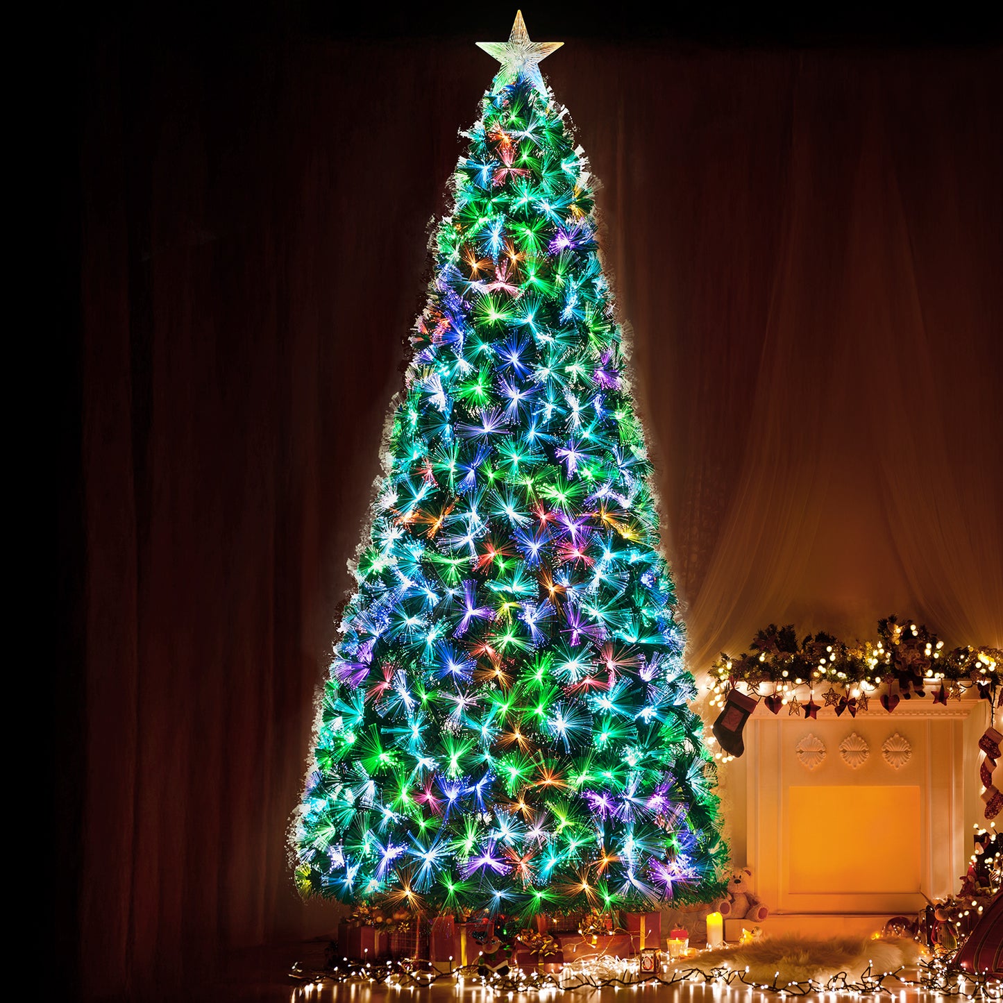 pirecart 6/8/9/10 ft Pre-Lit Fiber Optic Artificial Pine Christmas Tree Artificial Xmas Tree for Indoor Holiday Home Decoration