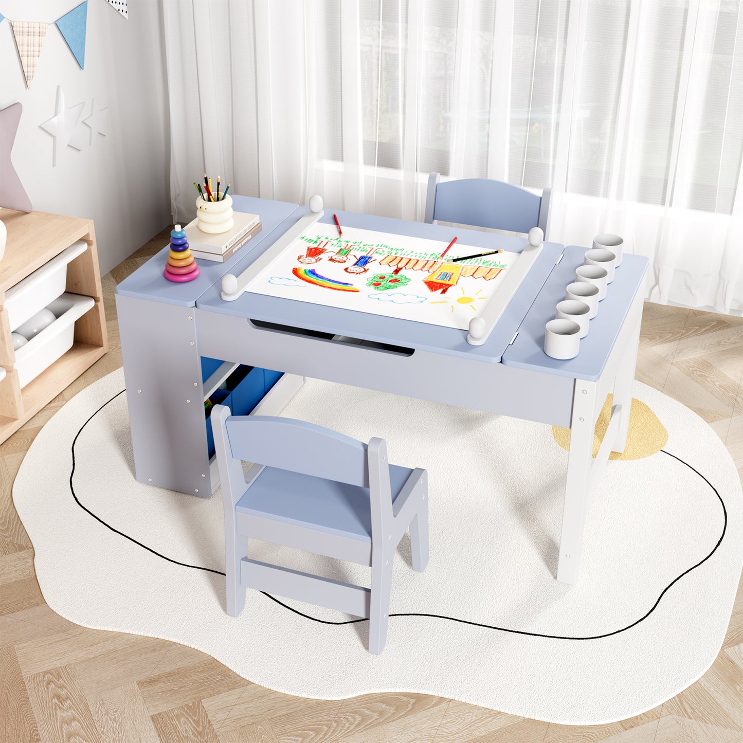 Pirecart 3 in 1 Kids Art Table and Chair Set, Chilldren Art Easel and Wooden Activity Table with 2 Chairs, Storage Bins, Paper Roll, Paint Cups for Draw, Play, Crafts, Read