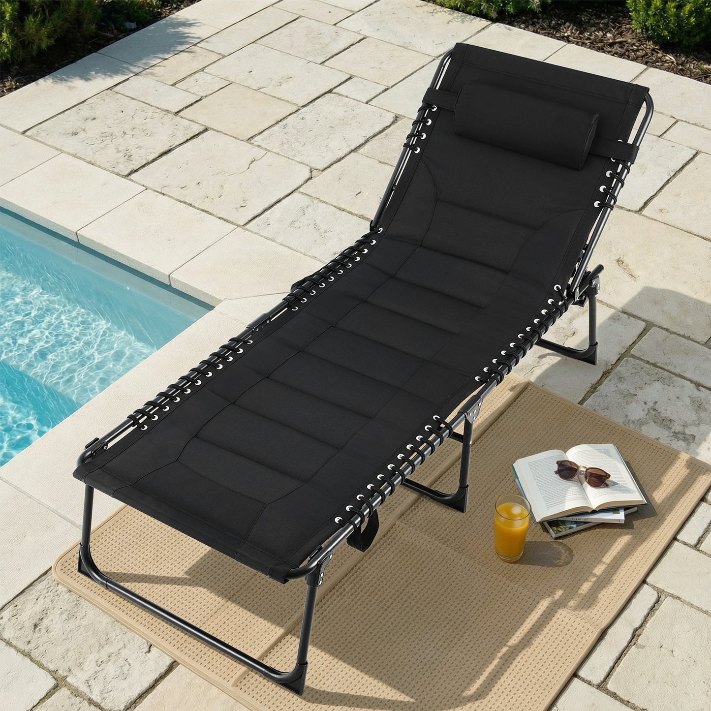 Pirecart 5-Position Adjustable Lounge Chair, Padded Folding Tanning Bed Chaise Lounge Chair, with Pillow, Side Pocket, Carrying Handle