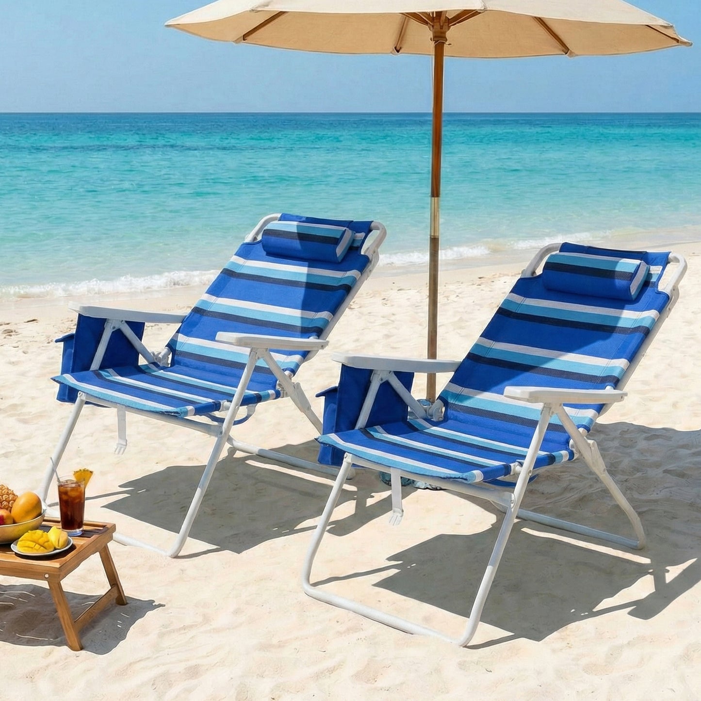 Pirecart Tall Beach Chairs for Adults, Portable Beach Chairs W/ 5-Position Lay Flat & Cooler Pouch, for Beach, Camp, Outdoor