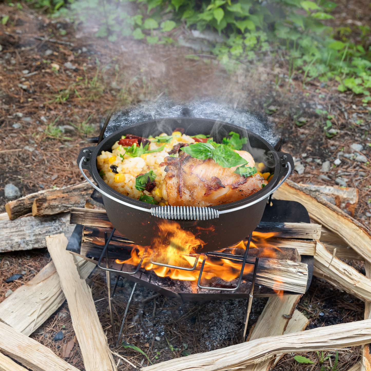 pirecart Dutch Oven Pot with Lid, 12 Quart Cast Iron Dutch Oven, without Feet, with Stand & Spiral-shaped Handle, Cast Iron Pot for Outdoor & Indoor